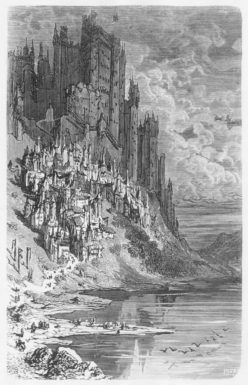 Fantasy landscape with town and castle, illustration from 