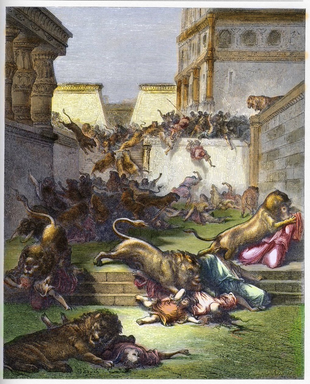 Foreigners devoured by lions in Samaria - Old Testament. People devoured by lions in Samaria - engraving in The Bible illustree by Gustave Dore - Engraving from The Dore Bible by Gustave Dore