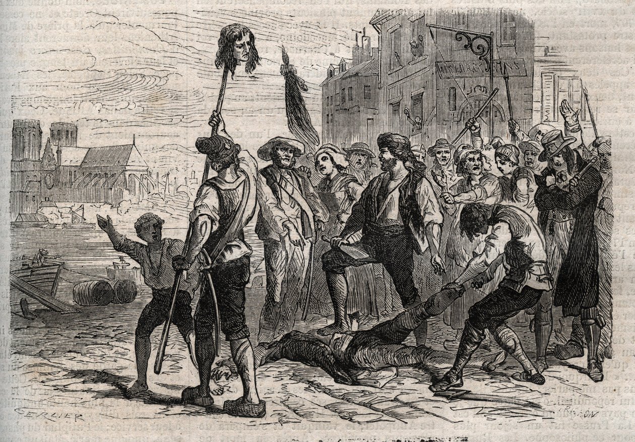 French Revolution: Death of Jacques de Flesselles, Count of Bregy, French administrator, provost of the merchants of Paris by Gustave Dore