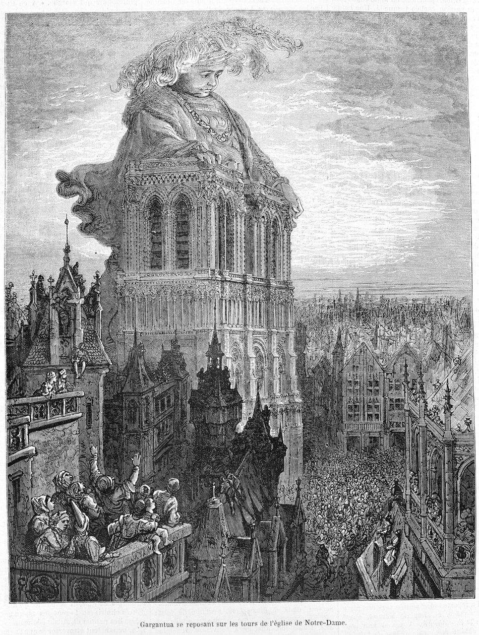 Gargantua resting on the towers of the Church of Our Lady. Engraving after the work Gargantua by François Rabelais by Gustave Dore
