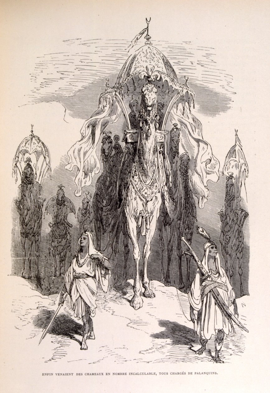 Illustration of an oriental camel train with servants and carriage by Gustave Dore