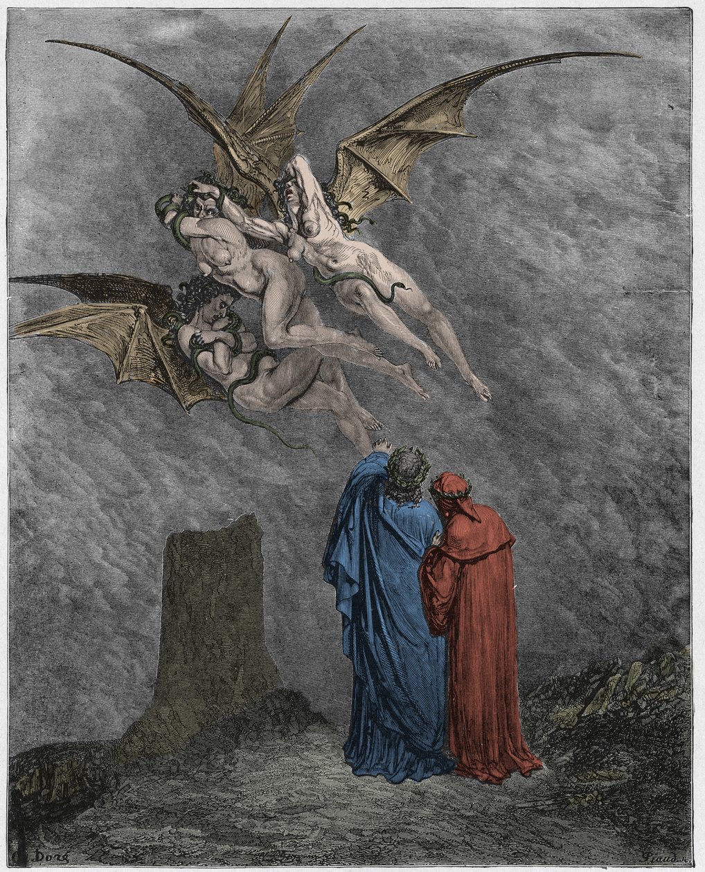 Inferno, Canto 9: The hideous Erinyes: Megaera, Tisiphone, Alecto by Gustave Dore