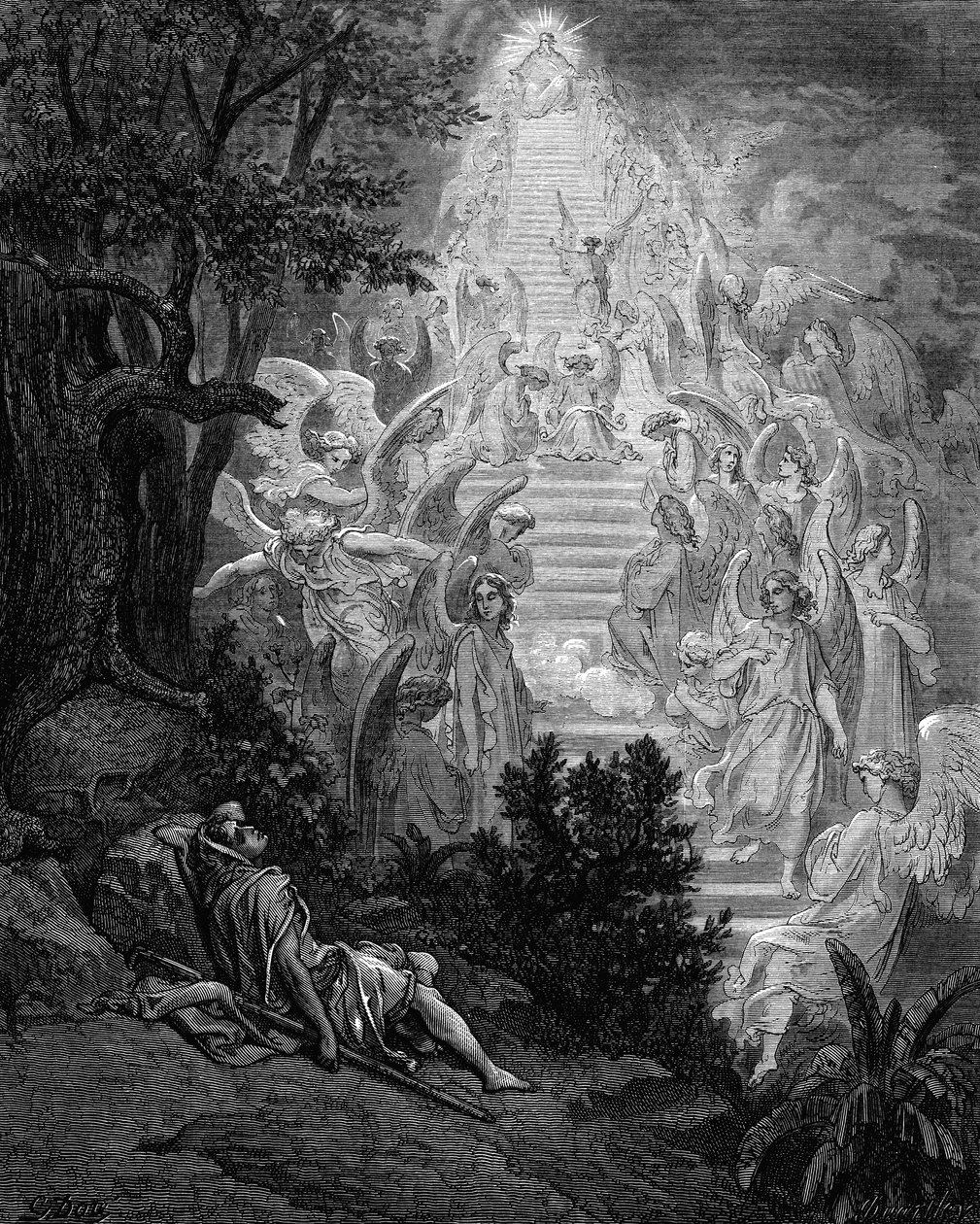 Jacobs dream of a stairway leading to heaven with God at the top, 1865-1866 by Gustave Dore