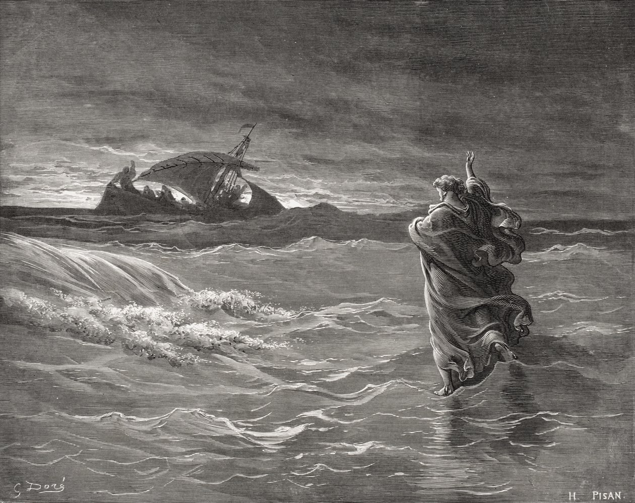 Jesus Walking on the Sea, John 6:19-21, illustration from Dore