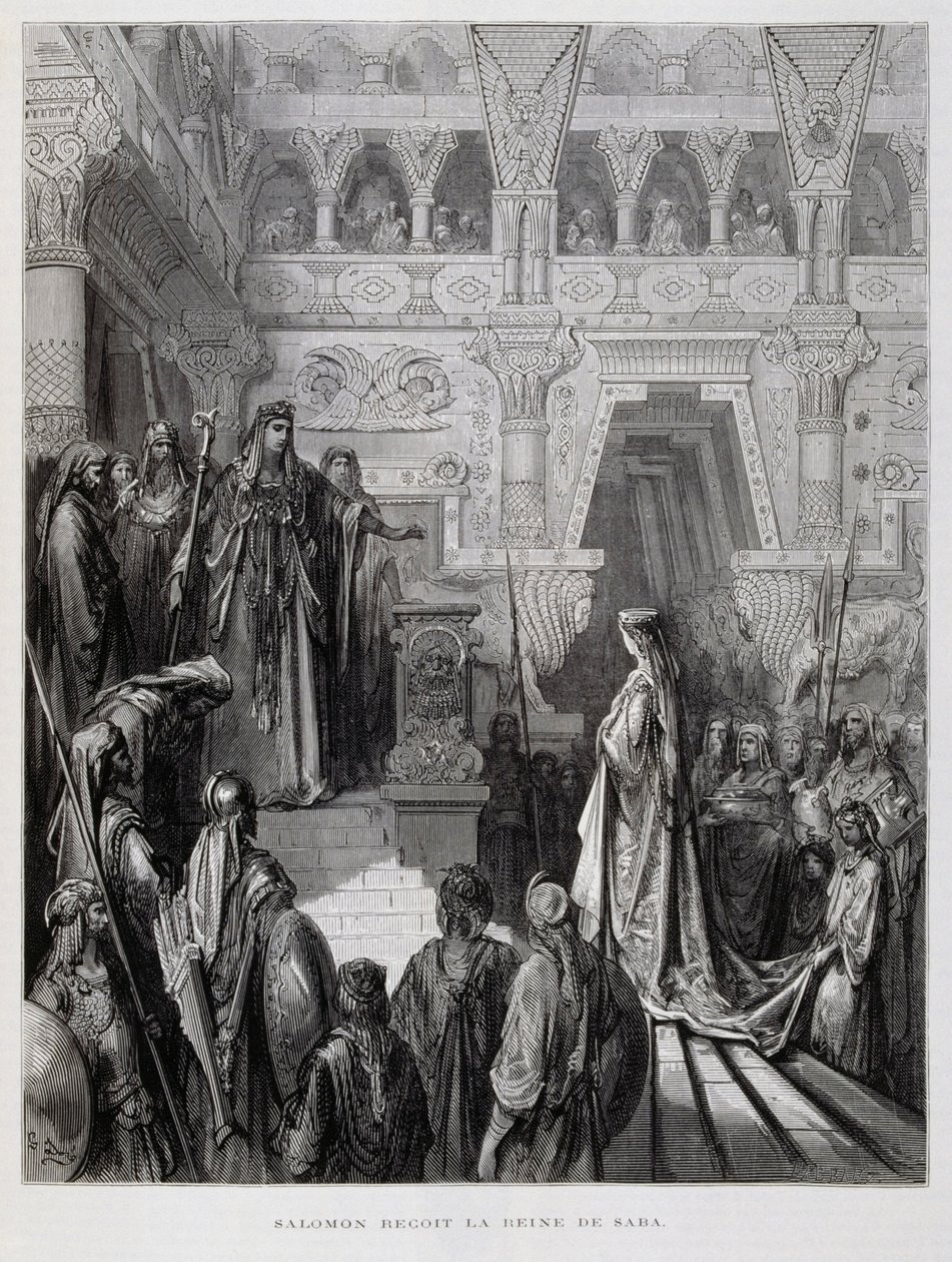 King Solomon receives the queen of Sheba, Illustration from the Dore Bible by Gustave Dore