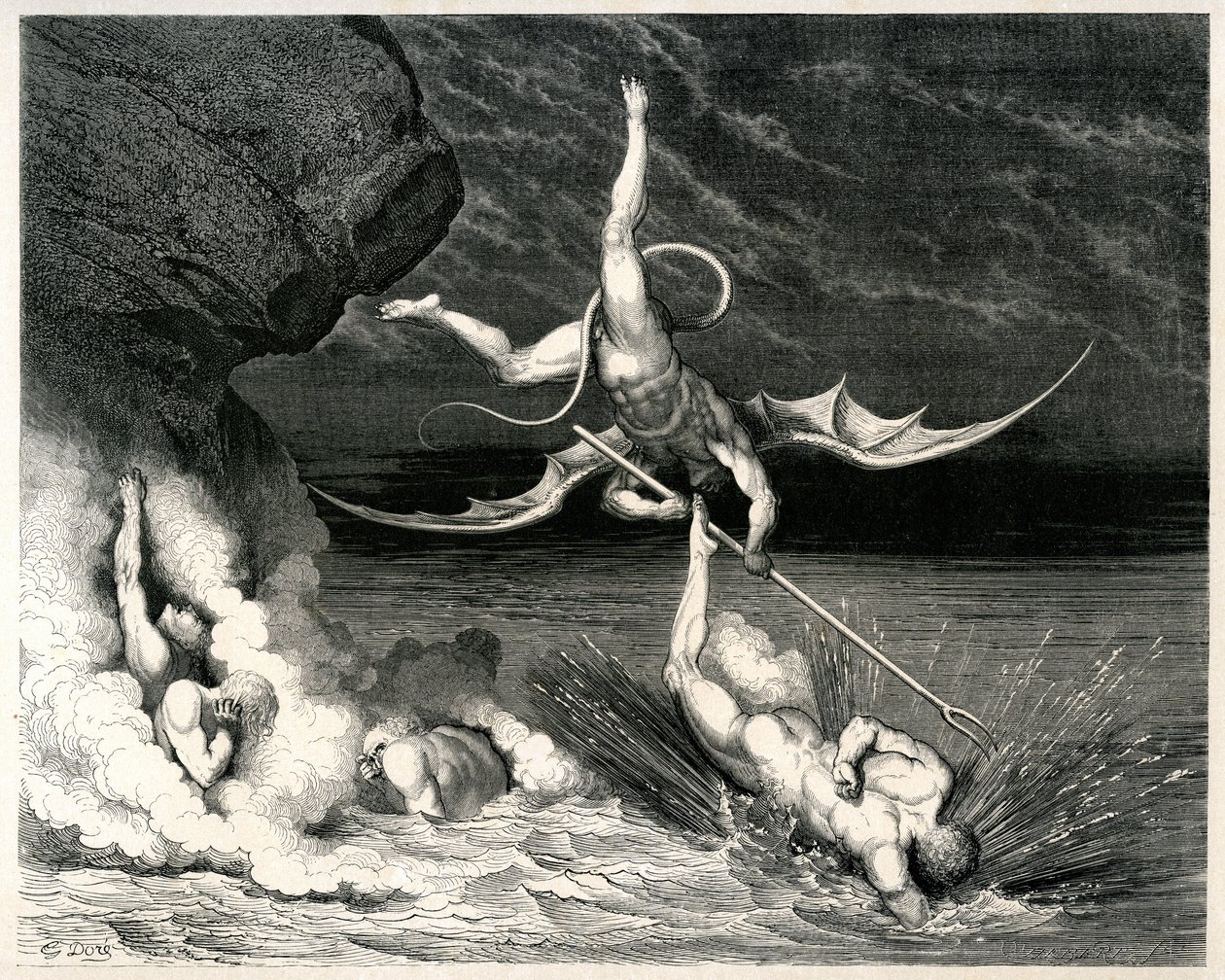 The Hell (La divina commedia) by Dante Alighieri illustrated by Gustave Dore. Edition Hachette 1861 - Demon - French translation by Pier-Angelo Fiorentino.... Si mosse, e grido: Tu se 