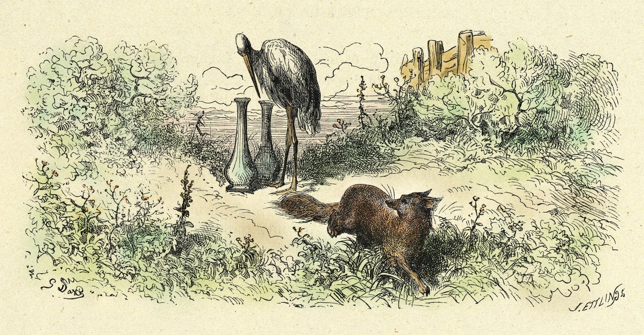 The Fox and the Stork (engraving 1861-1868) by Gustave Dore