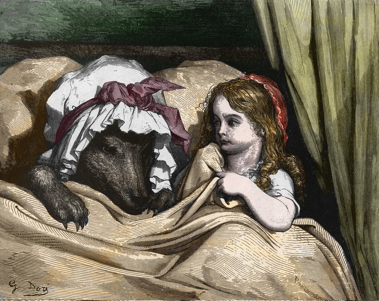 Little Red Riding Hood and Wolf dislike Grandma. Illustration by Gustave Dore by Gustave Dore