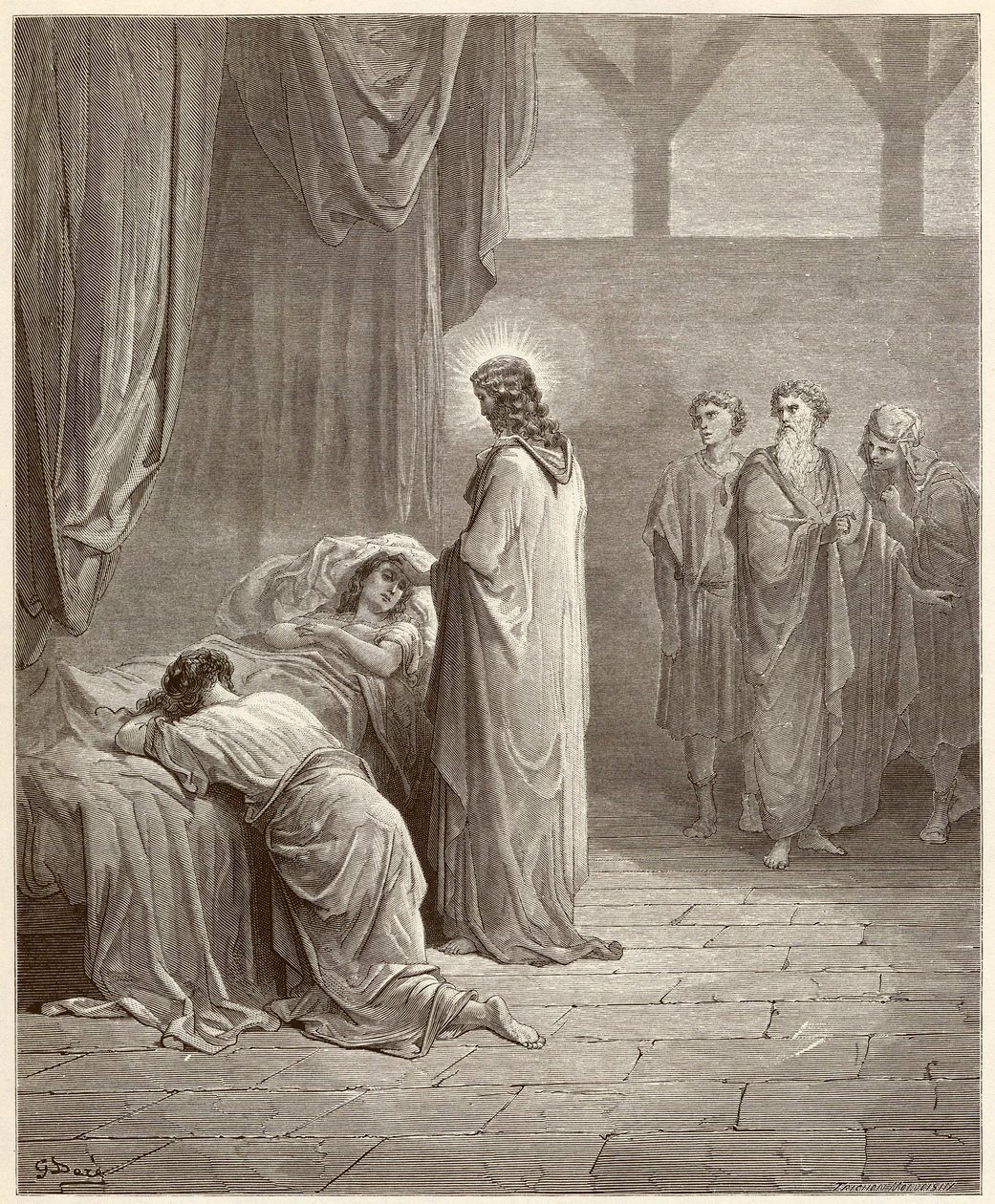 Miracle: Jesus Christ healed the daughter of Jaire (Jairus or Jairos). Engraving from the Bible illustrated by Gustave Dore (1832-1883) by Gustave Dore