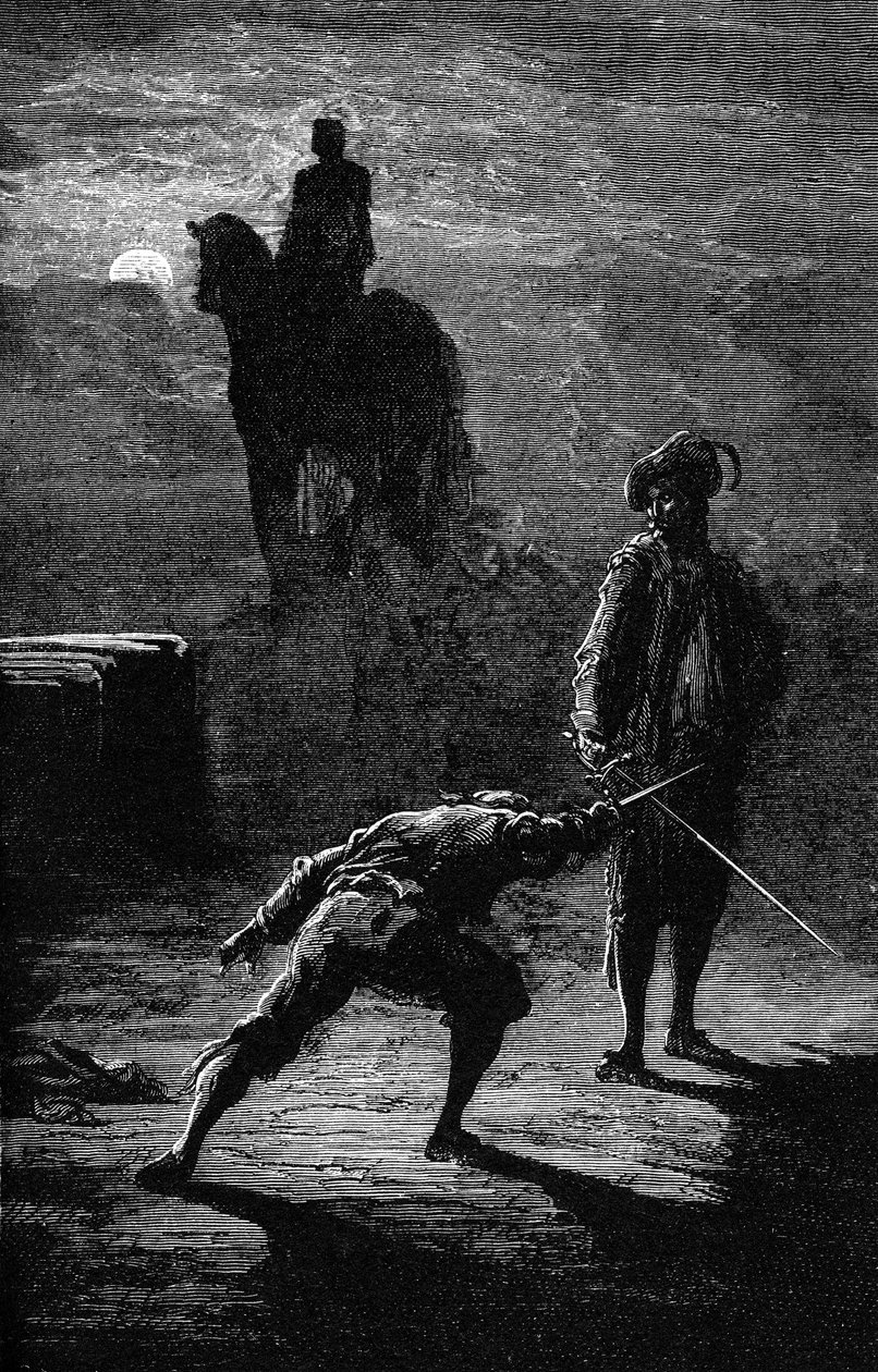 Night duel in the moonlight between Baron de Sigognac and Jacquemin Lampourde (engraving by Gustave Dore) by Gustave Dore