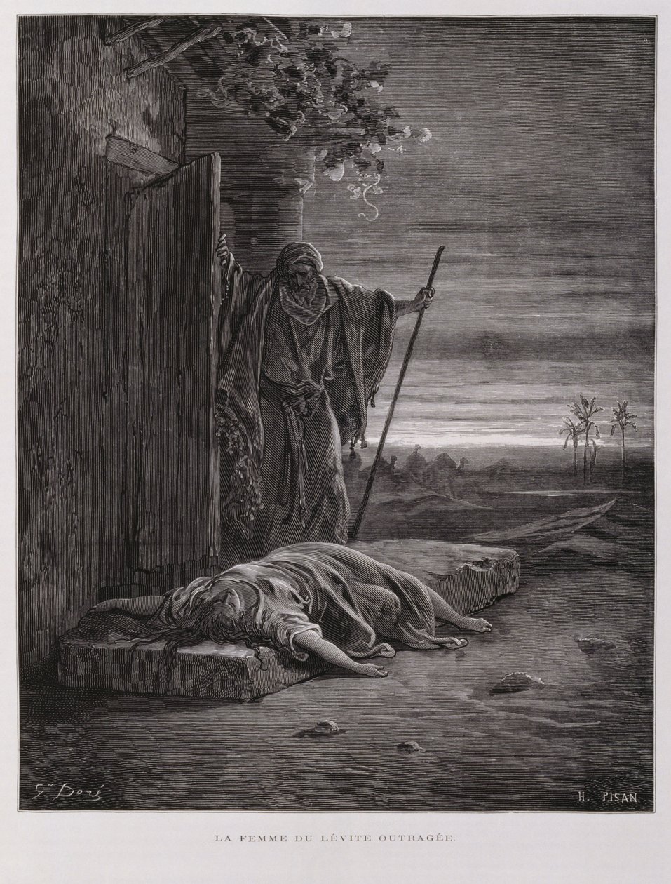 Outrage at Gibeah, the Levite carries his dead concubine away, Illustration from the Dore Bible by Gustave Dore