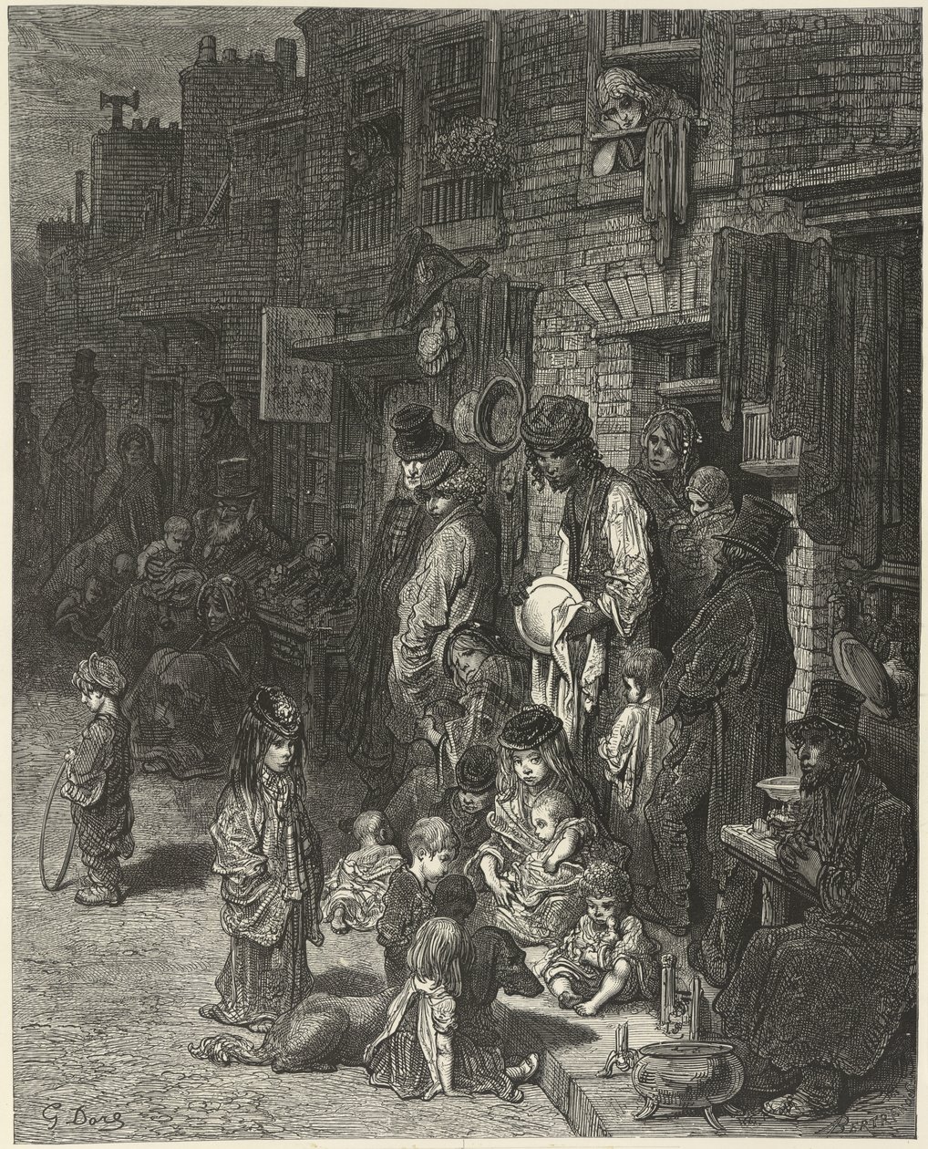 People standing and sitting outside their houses, in a street, from 