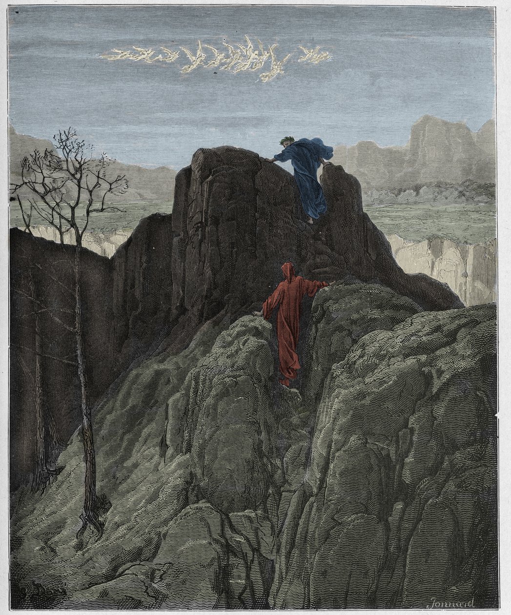 Purgatorio, Canto 4: Virgil leads Dante up the rugged mountainside (illustration from The Divine Comedy by Dante Alighieri) by Gustave Dore