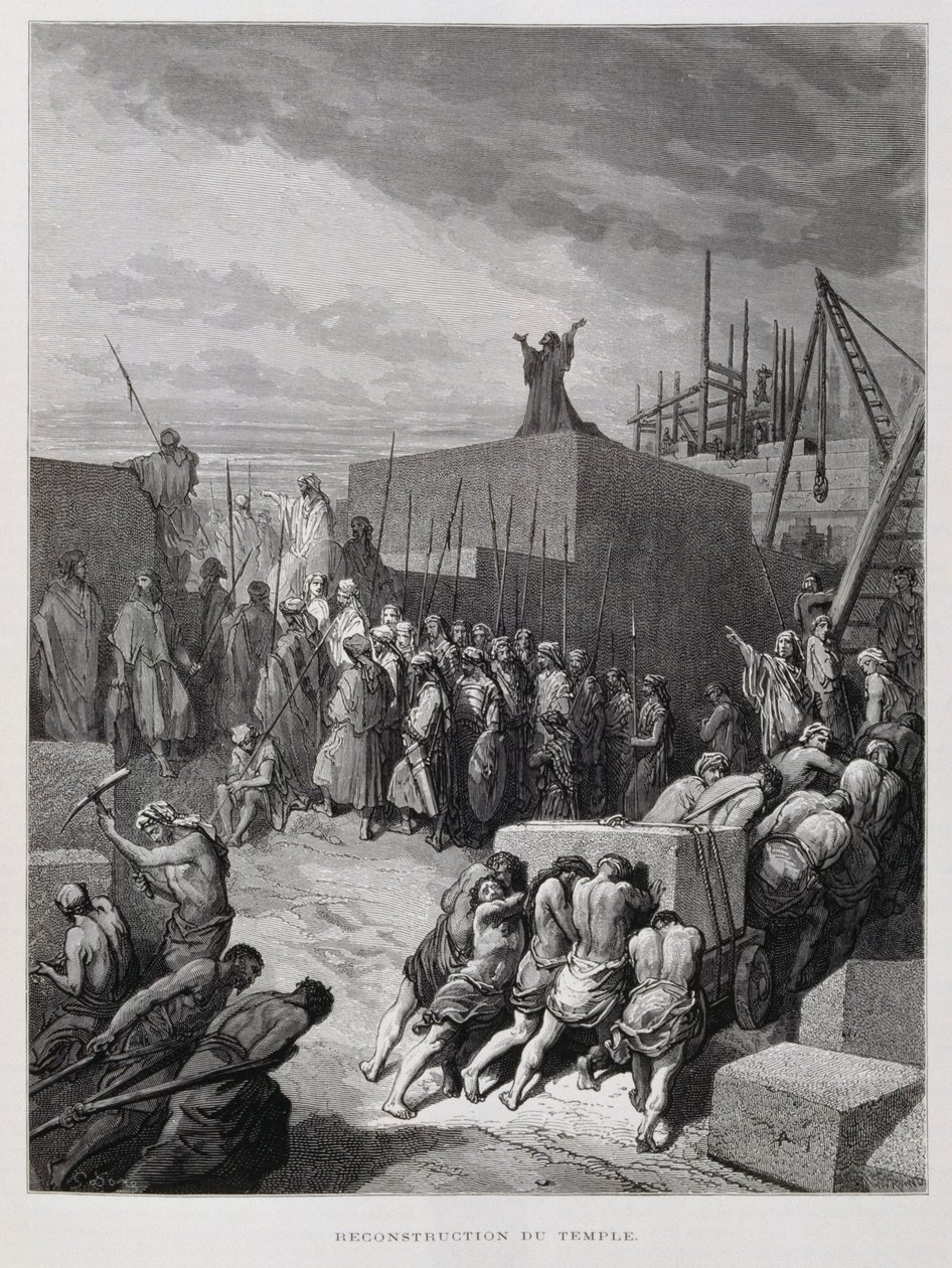 Re-building of the Temple in Jerusalem, Illustration from the Dore Bible by Gustave Dore