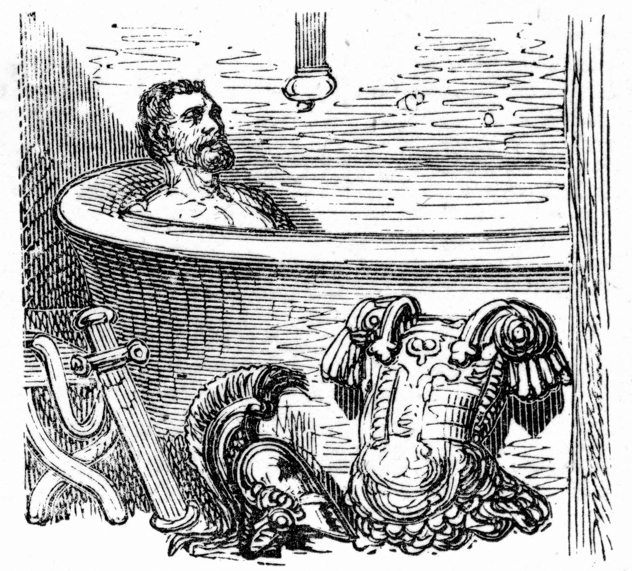 Roman soldier bathing at the thermal baths of Bagneres de Bigorre: engraving by Gustave Dore illustrating the book "Voyage aux Pyrenees" by Hippolyte Taine, Hachette 1860 by Gustave Dore