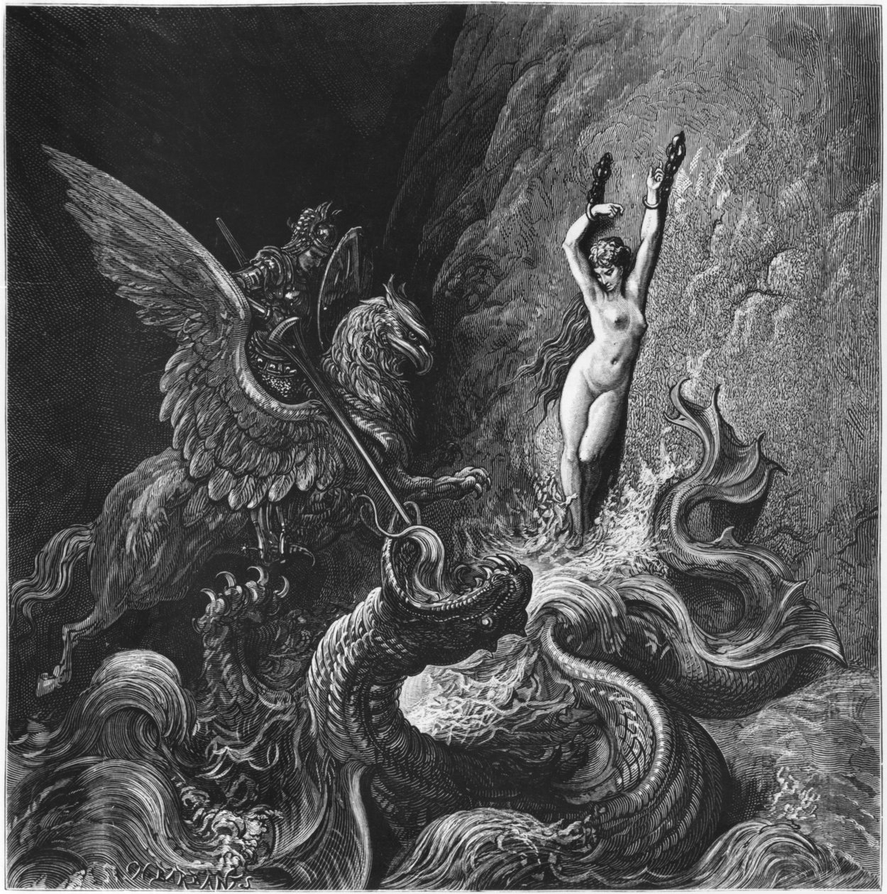 Ruggiero rescuing Angelica, illustration from Canto X of 
