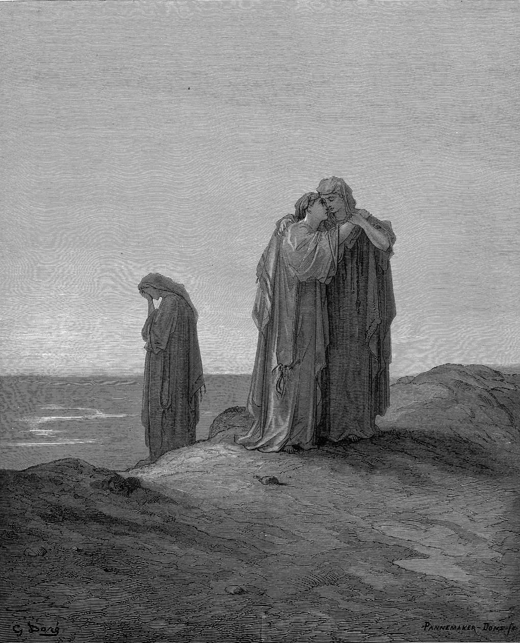 Ruth embracing her mother-in-law Naomi and promising to stay with her now they are bereaved, 1866 by Gustave Dore