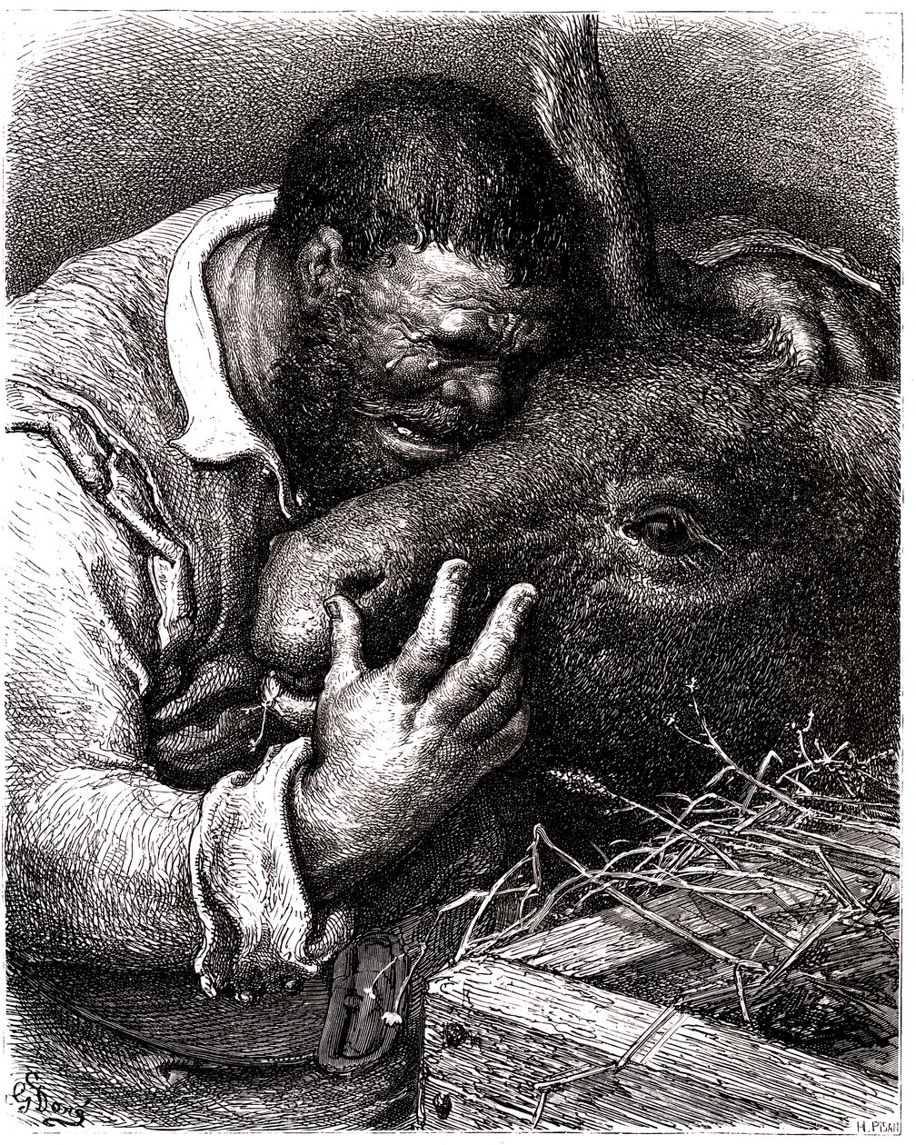 Sancho Panza cries while kissing his donkey by Gustave Dore