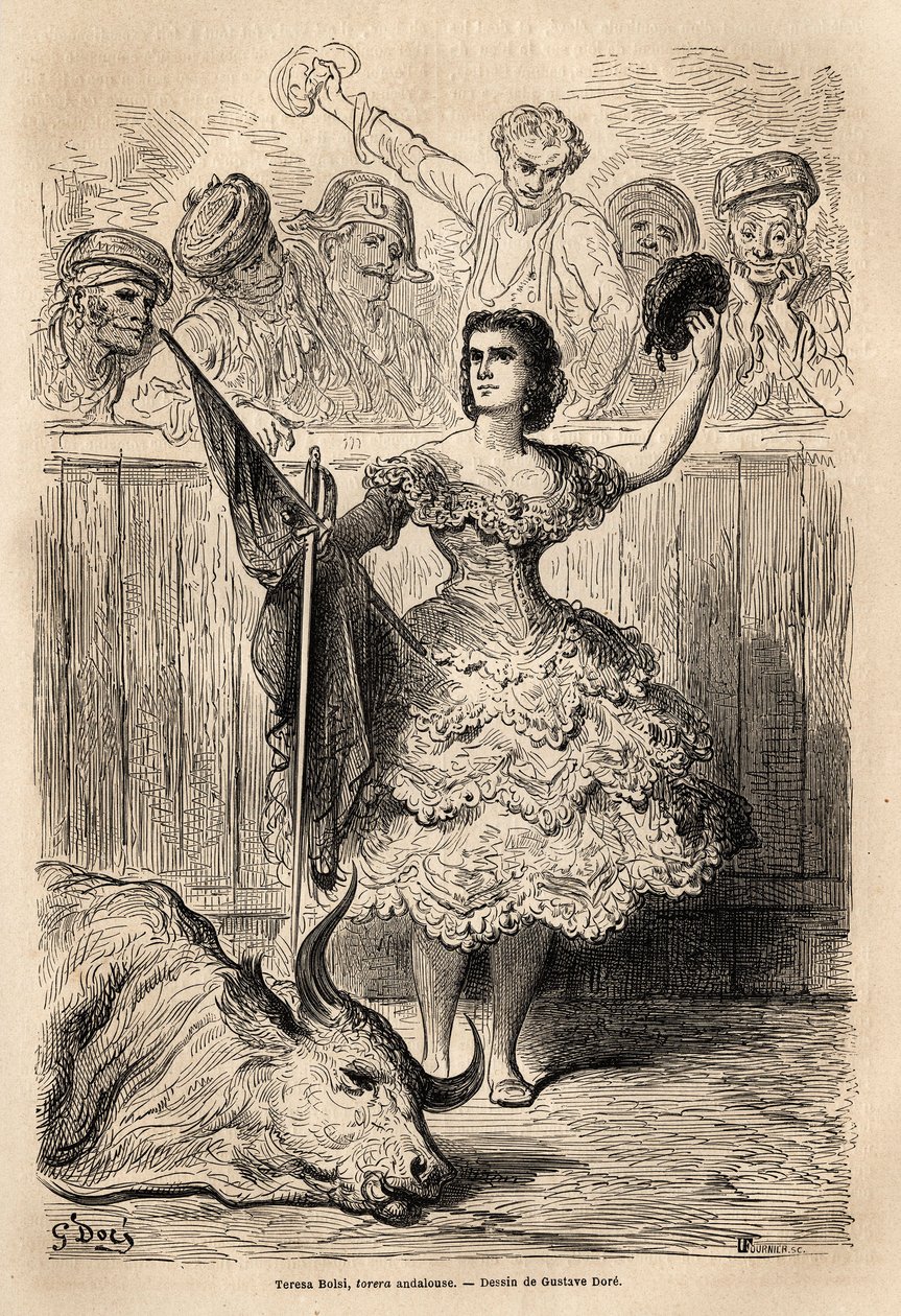 Scene of bullfighting: the triumph of Teresa Bolsi, Andalusian bullfighter, saluting the assembly that acclaim her in Seville. Sketch taken on the live by Gustave Dore (1832-1883). Engraving to illustrate the voyage in Spain, in 1862 by Charles Davillier a by Gustave Dore