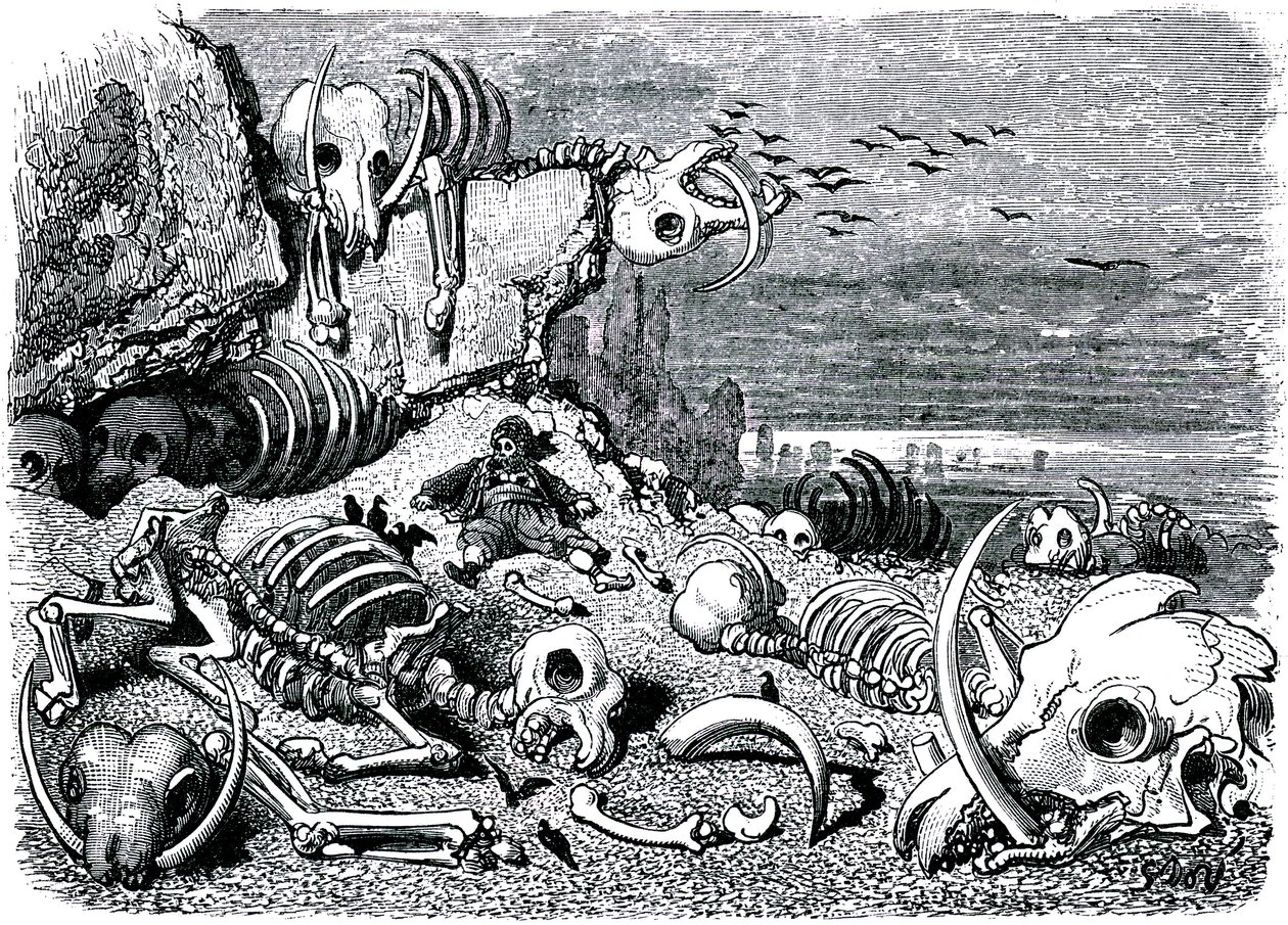 Sindbad the sailor (Sinbad) - tale of the thousand and one (1001) nights - illustration by Gustave Dore - edition Maxwell 1865 - Seventh and last voyage: the cemetery of the elephants where Sindbad will recover the ivory defenses by Gustave Dore