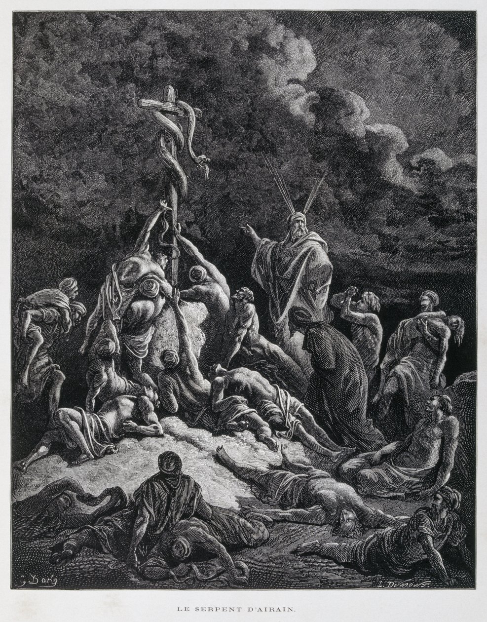 Moses Made a Bronze Snake and Put It Up on a Pole, Numbers 21:7, Illustration from the Dore Bible by Gustave Dore