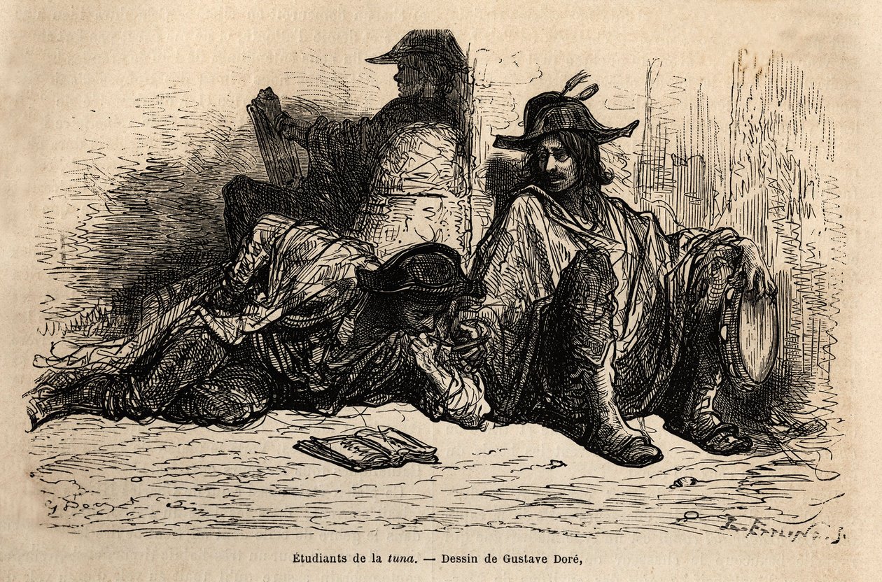 Students of Tuna (or Tunantes) in the District of the University of Alcala de Henares, Sketch by Gustave Dore. Engraving to Illustrate the Voyage by Gustave Dore