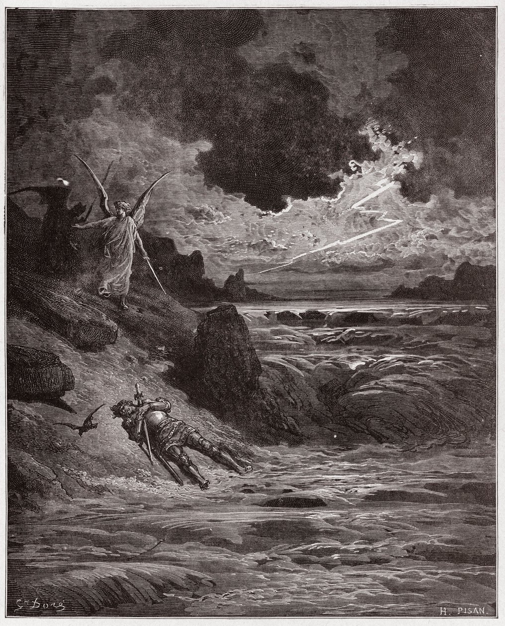 The Divine Comedy, Purgatorio, Canto 5: The body of Buonconte da Montefeltro in the Arno - by Dante Alighieri - Illustration by Gustave Doré by Gustave Dore