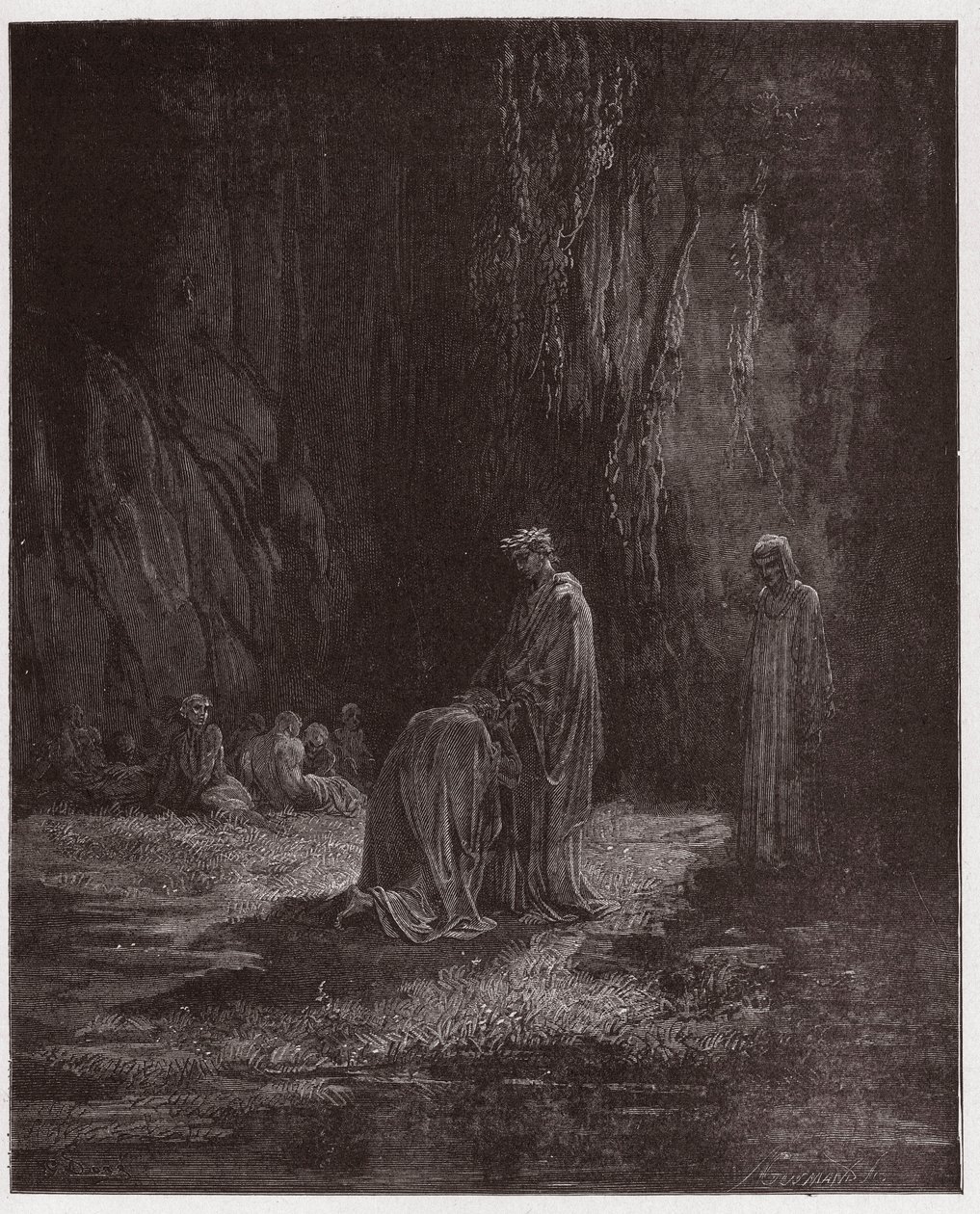 The Divine Comedy, Purgatorio, Canto 7: The poet Sordello, astonished, kneels before Virgil - by Dante Alighieri - Illustration by Gustave Doré by Gustave Dore