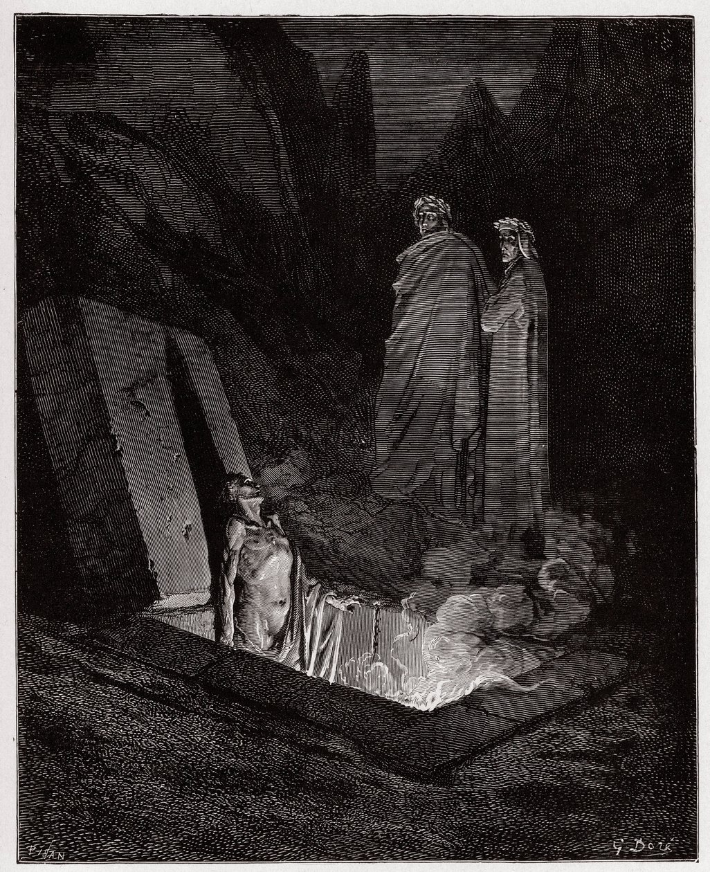 The Divine Comedy, Inferno, Canto 10: Farinata degli Uberti addresses Dante - by Dante Alighieri (1265-1321) - Illustration by Gustave Dore (1832-1883) by Gustave Dore