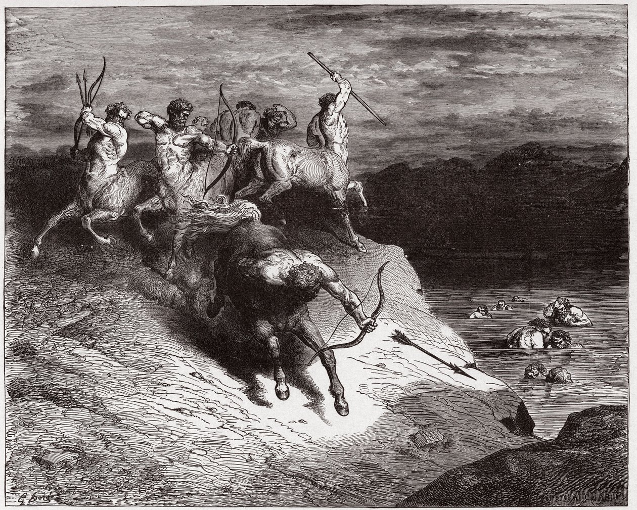 The Divine Comedy, Inferno, Canto 12: The Centaurs Attack the Souls in Boiling Blood - by Dante Alighieri (1265-1321) - Illustration by Gustave Dore (1832-1883) by Gustave Dore
