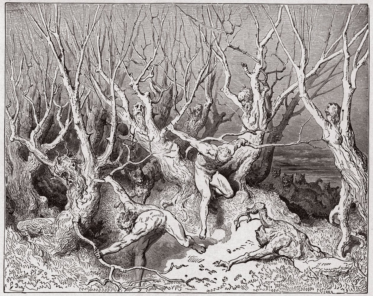 The Divine Comedy, Inferno, Canto 13: The suicides flee the forest - Illustration by Gustave Dore (1832-1883) by Gustave Dore