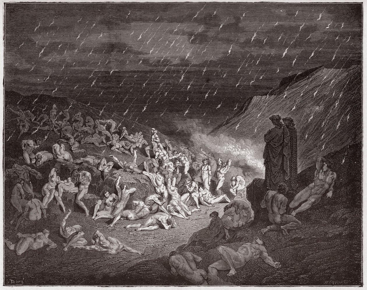The Divine Comedy, Inferno, Canto 14: The violent, tormented in the rain of fire - by Dante Alighieri (1265-1321) - Illustration by Gustave Dore (1832-1883) by Gustave Dore