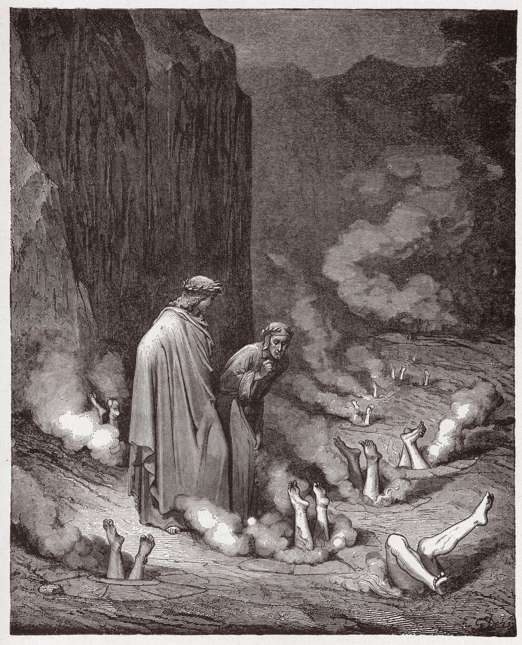 The Divine Comedy, Inferno, Canto 19: Dante rebukes Pope Nicholas III in the fourth bolgia - by Dante Alighieri - Illustration by Gustave Dore by Gustave Dore
