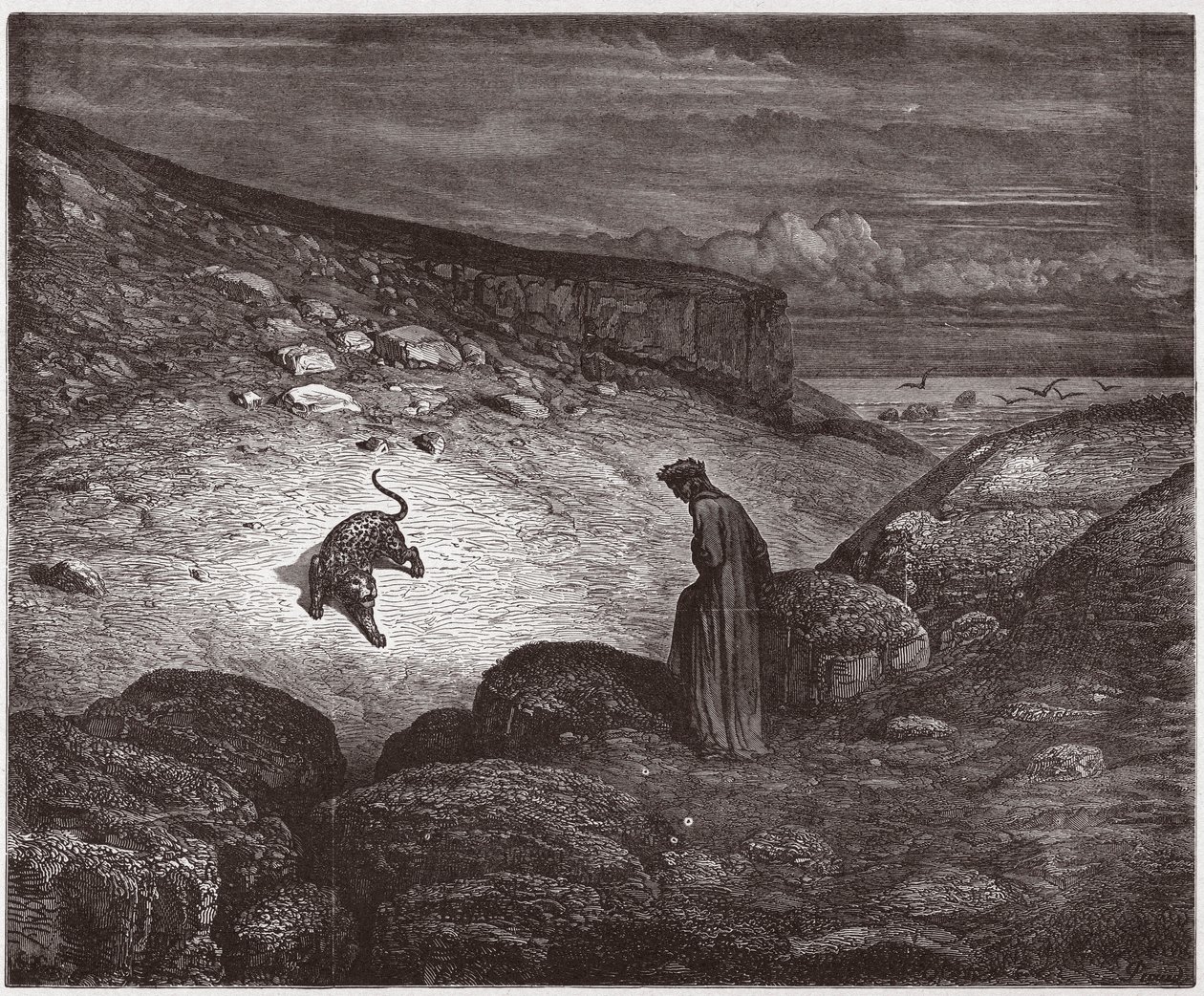 The Divine Comedy, Inferno, Canto 1: The panther at the beginning of the ascent - Illustration by Gustave Dore by Gustave Dore