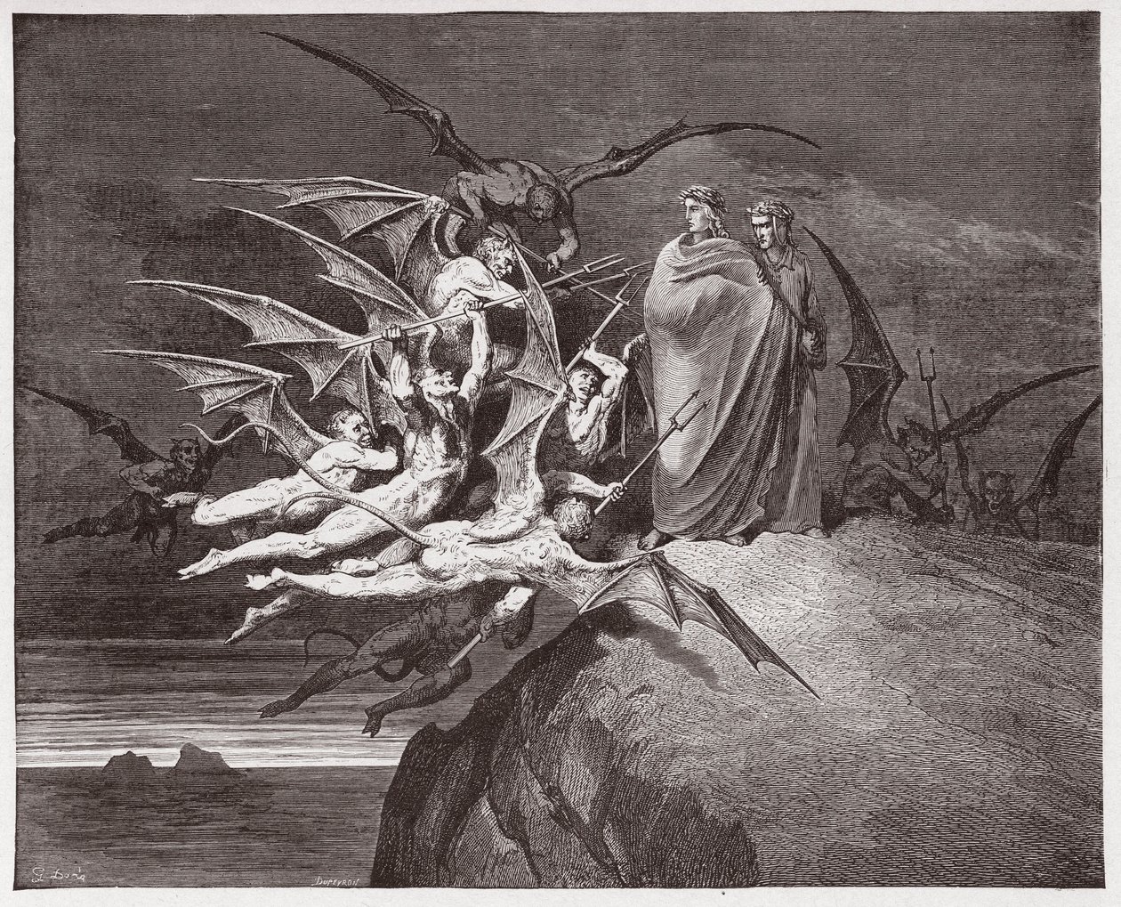 The Divine Comedy, Inferno, Canto 21: The demons threaten Virgil - Illustration by Gustave Dore by Gustave Dore