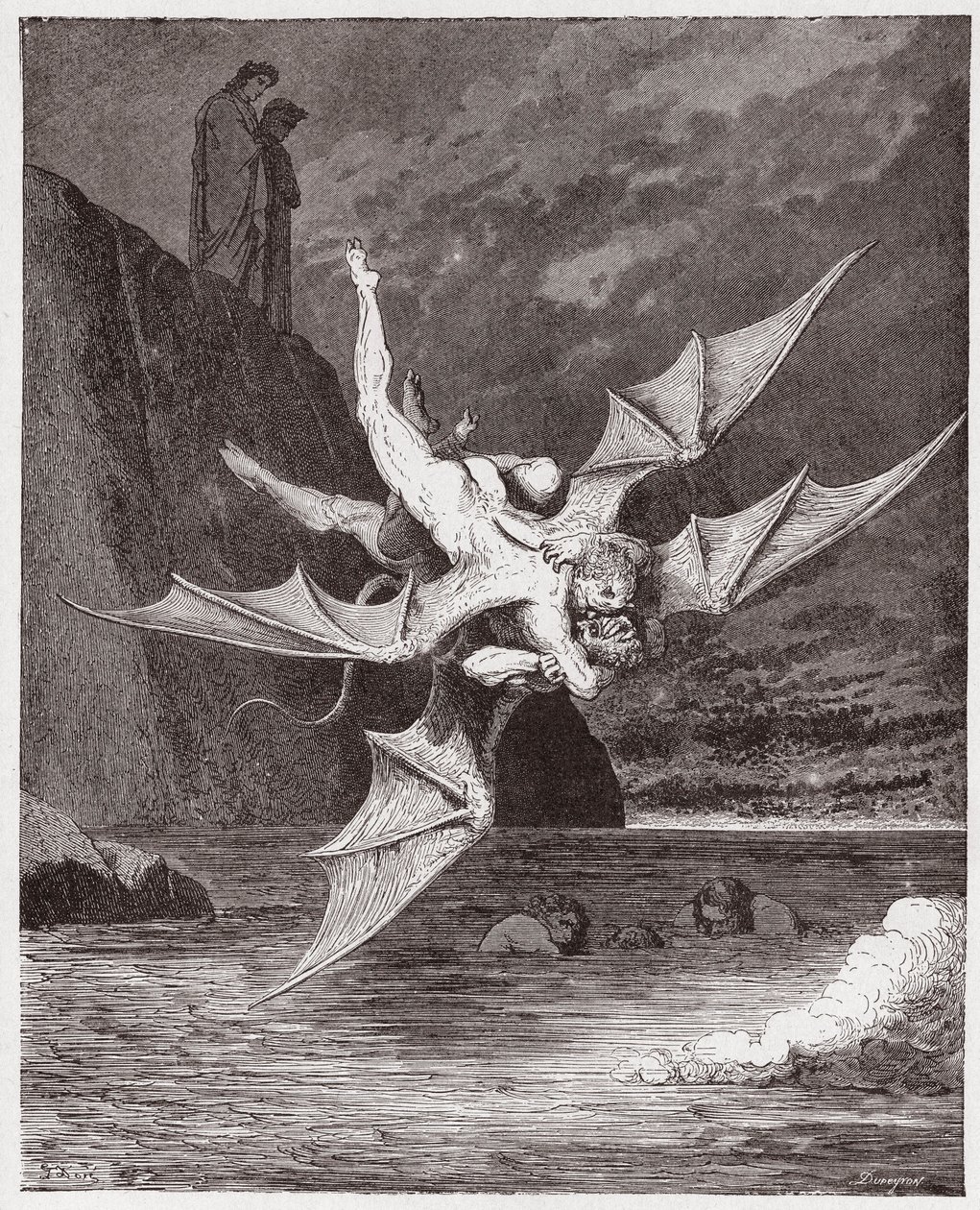 The Divine Comedy, Inferno, Canto 22: Alichino and Calcabrina grapple above the pitch - by Dante Alighieri - Illustration by Gustave Dore by Gustave Dore