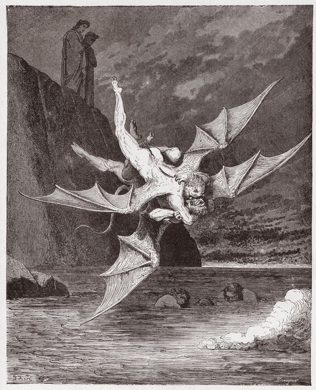 The Divine Comedy (La Divina Commedia, La Divine Comedie), Inferno, Canto 22: Alichino and Calcabrina grapple above the pitch - by Dante Alighieri (1265-1321) - Illustration by Gustave Dore (1832-1883) by Gustave Dore