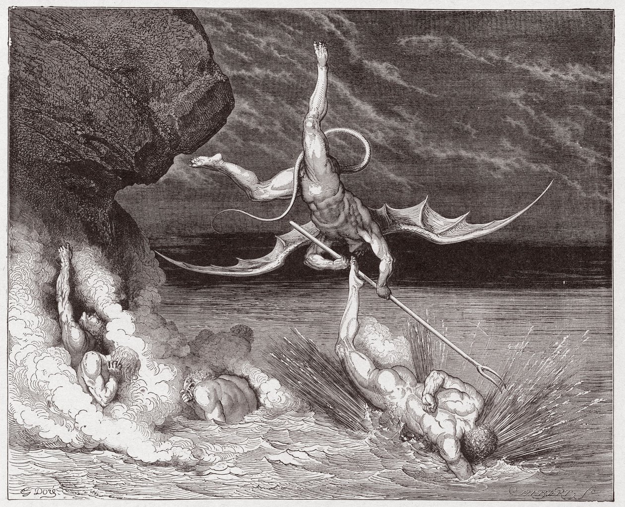 The Divine Comedy, Inferno, Canto 22: Ciampolo escapes the demon Alichino in the fifth bolgia - by Dante Alighieri - Illustration by Gustave Dore by Gustave Dore