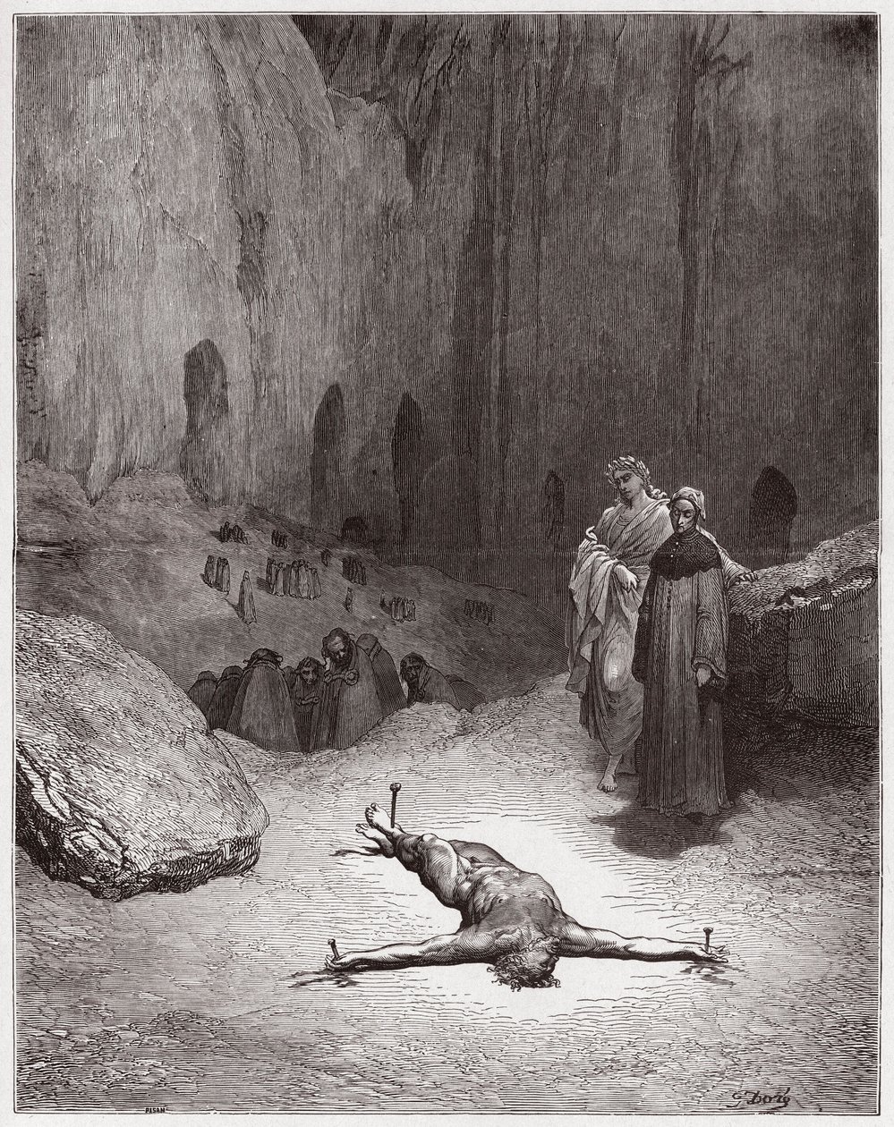 The Divine Comedy, Inferno, Canto 23: A crucified Pharisee among the hypocrites - Illustration by Gustave Dore by Gustave Dore