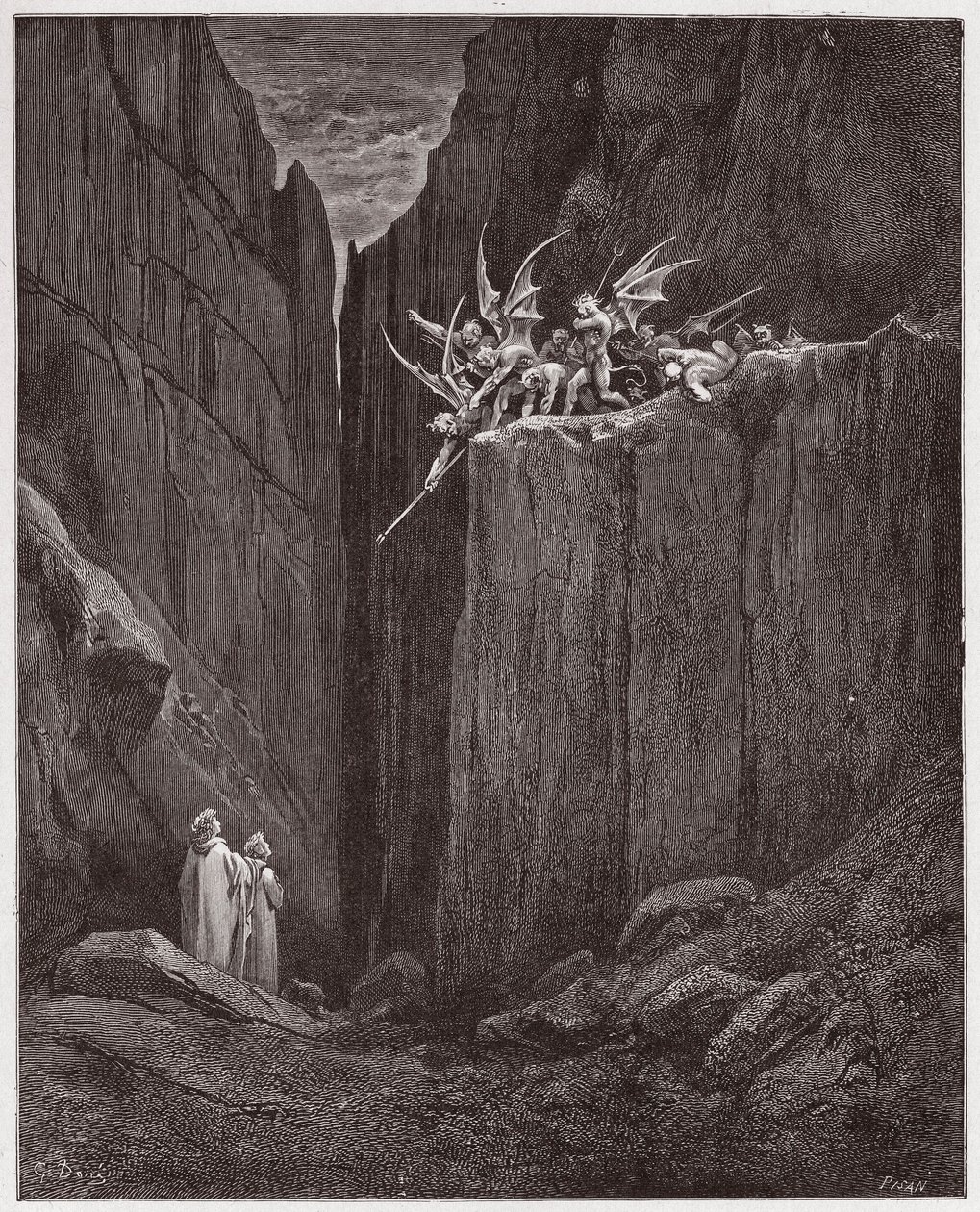 The Divine Comedy, Inferno, Canto 23: The poets escape the demons of the fifth bolgia - Illustration by Gustave Dore by Gustave Dore