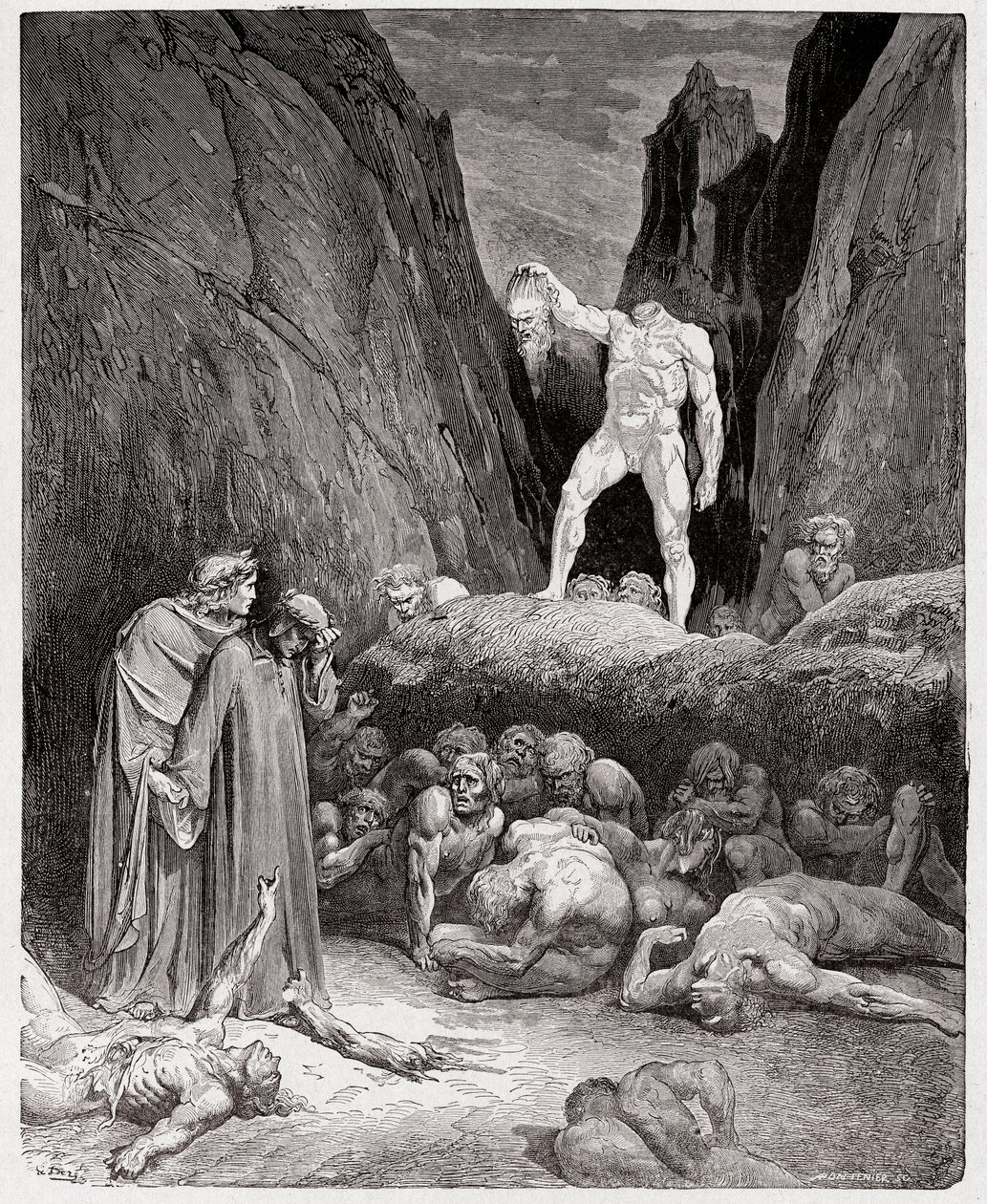 The Divine Comedy, Inferno, Canto 28: The severed head of Bertrand de Born speaks to Dante (Illustration by Gustave Dore) by Gustave Dore