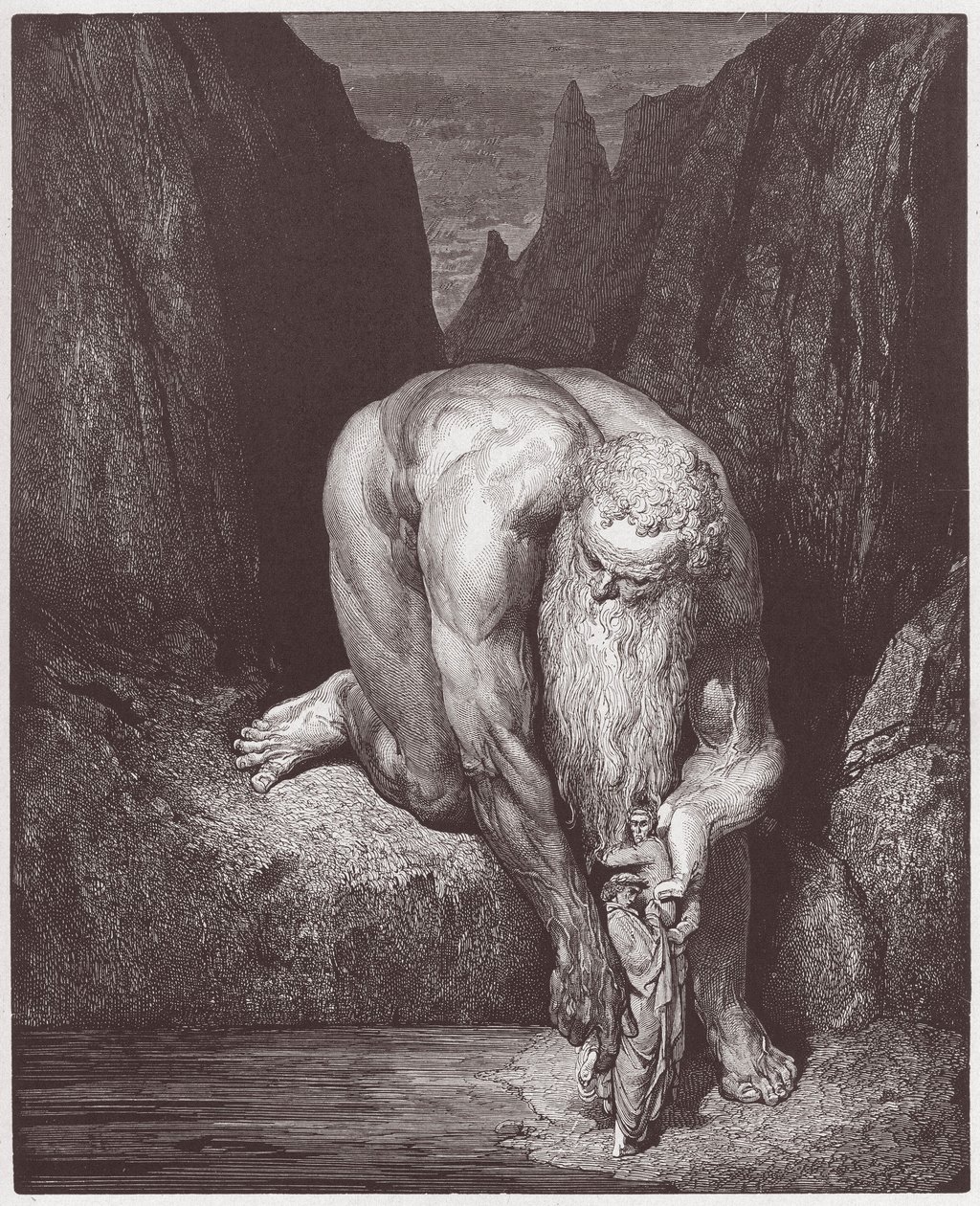 The Divine Comedy, Inferno, Canto 31: The Giant Antaeus Lowers Dante and Virgil into the Last Circle - by Dante Alighieri (1265-1321) - Illustration by Gustave Dore (1832-1883) by Gustave Dore