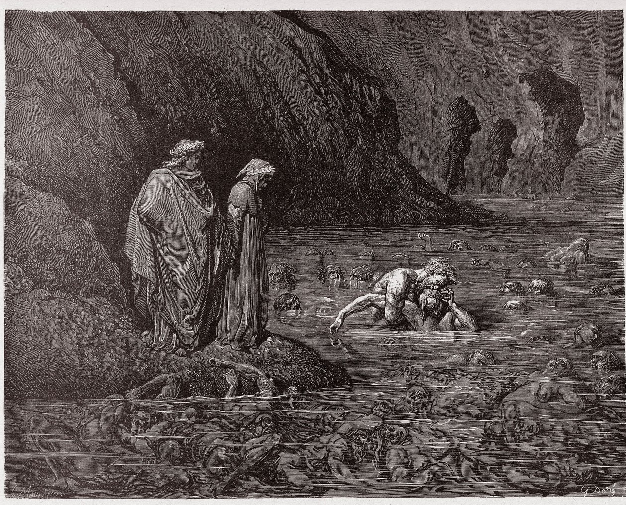 The Divine Comedy, Inferno, Canto 32: Ugolino gnaws upon the head of Archbishop Ruggieri - Illustration by Gustave Dore by Gustave Dore