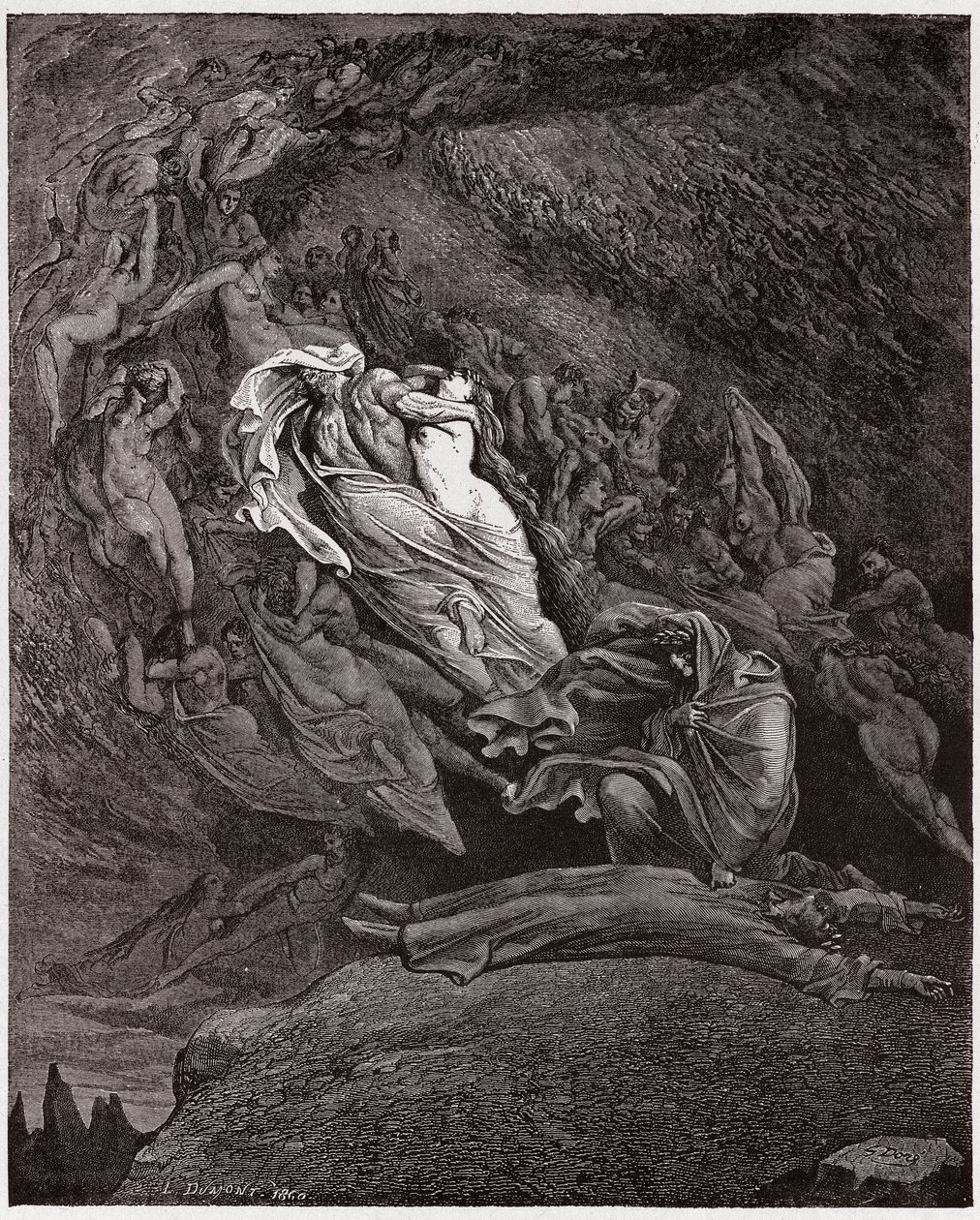 The Divine Comedy, Inferno, Canto 5: Francesca describes her death - Illustration by Gustave Dore by Gustave Dore