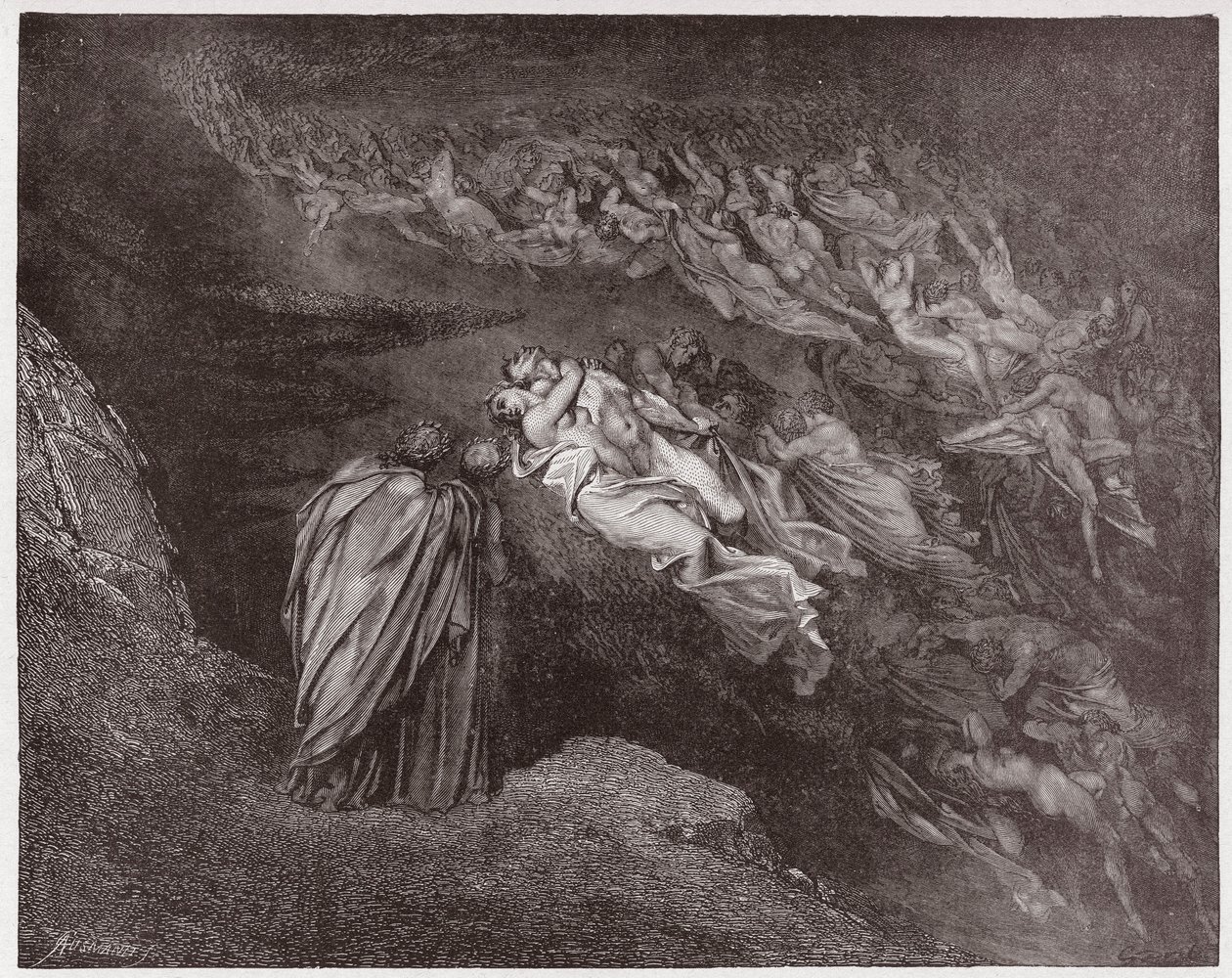 The Divine Comedy, Inferno, Canto 5: The Soul of Francesca Speaks to Dante - by Dante Alighieri (1265-1321) - Illustration by Gustave Dore (1832-1883) by Gustave Dore