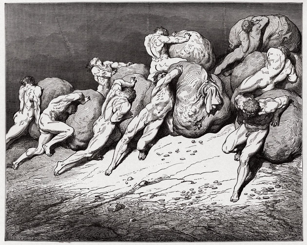 The Divine Comedy, Inferno, Canto 7: The souls of the avaricious and the prodigal forced to roll heavy stones - Illustration by Gustave Dore by Gustave Dore