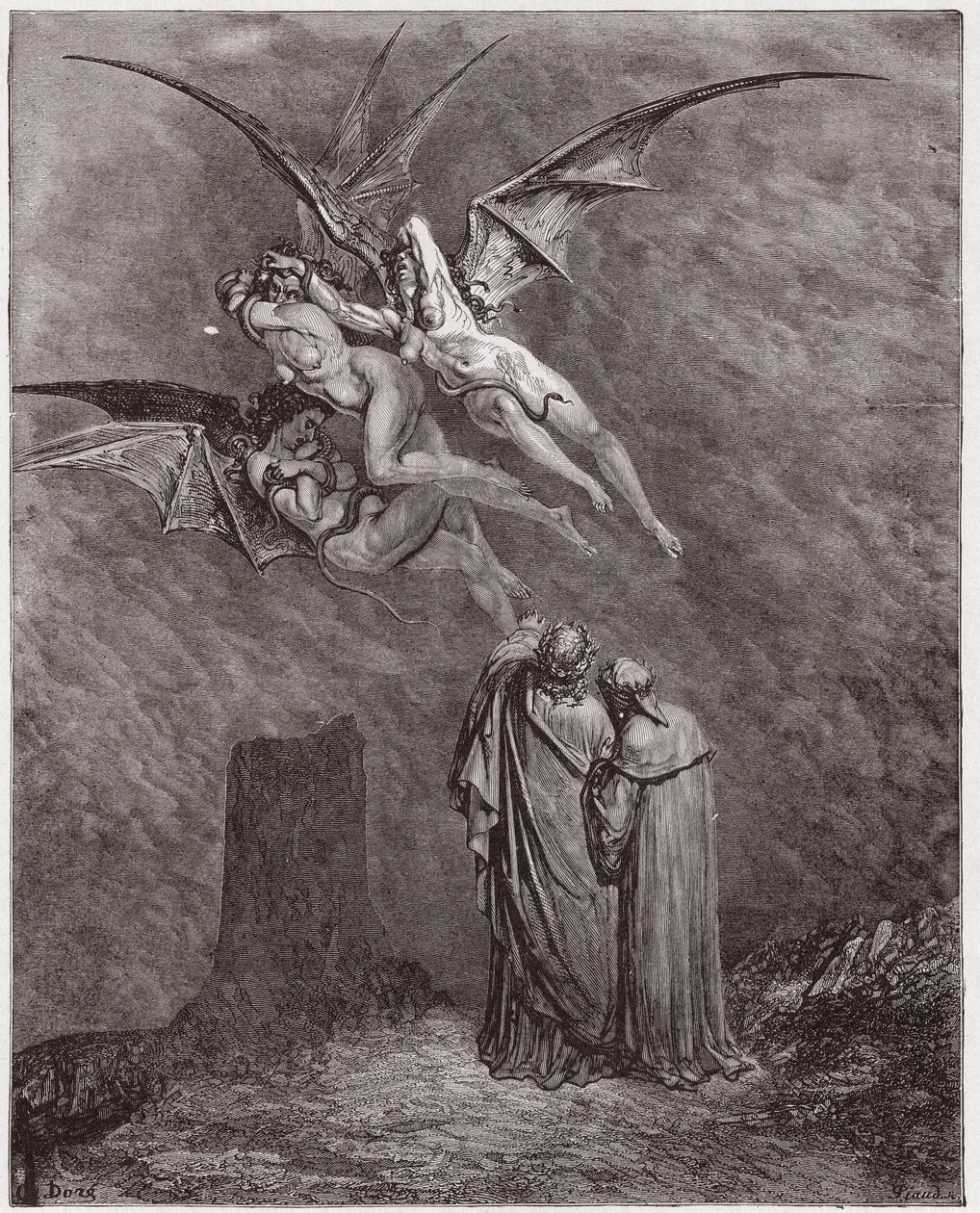 The Divine Comedy, Inferno, Canto 9: The hideous Erinyes: Megaera, Tisphone, Alecto - Illustration by Gustave Dore (1832-1883) by Gustave Dore