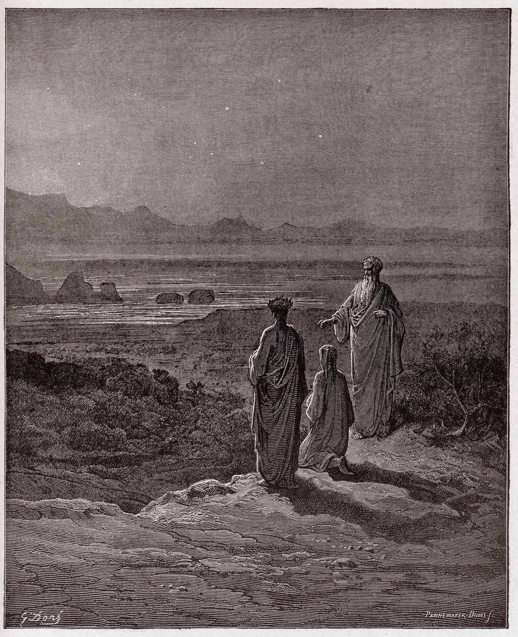 The Divine Comedy, Purgatorio, Canto 1: Dante kneels before Statius (Illustration by Gustave Dore) by Gustave Dore