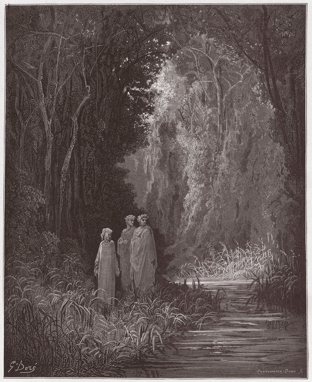 The Divine Comedy, Purgatorio, Canto 28: Dante, Virgil, and Statius in the ancient forest of the terrestrial paradise - by Dante Alighieri (1265-1321) - Illustration by Gustave Dore (1832-1883) by Gustave Dore