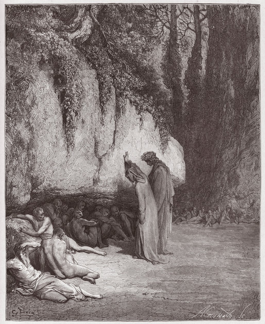 The Divine Comedy, Purgatorio, Canto 4: The indolent souls beside the rock - Illustration by Gustave Dore by Gustave Dore
